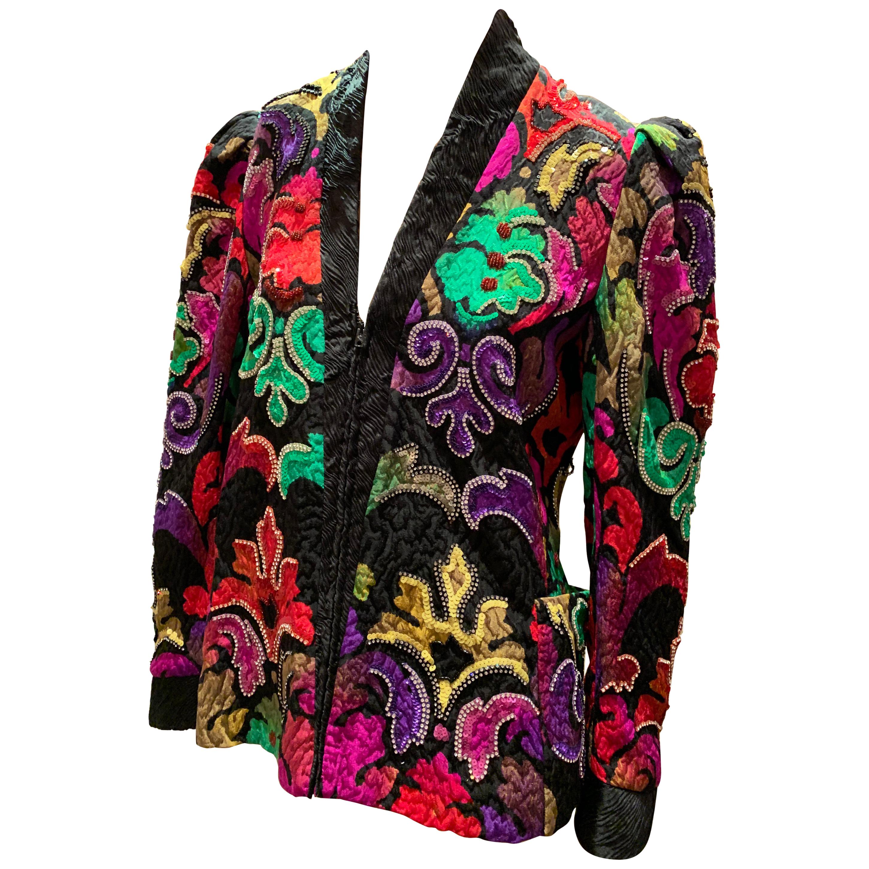 1980s Amen Wardy Colorful Sequin & Rhinestone Embellished Silk Matelasse Jacket