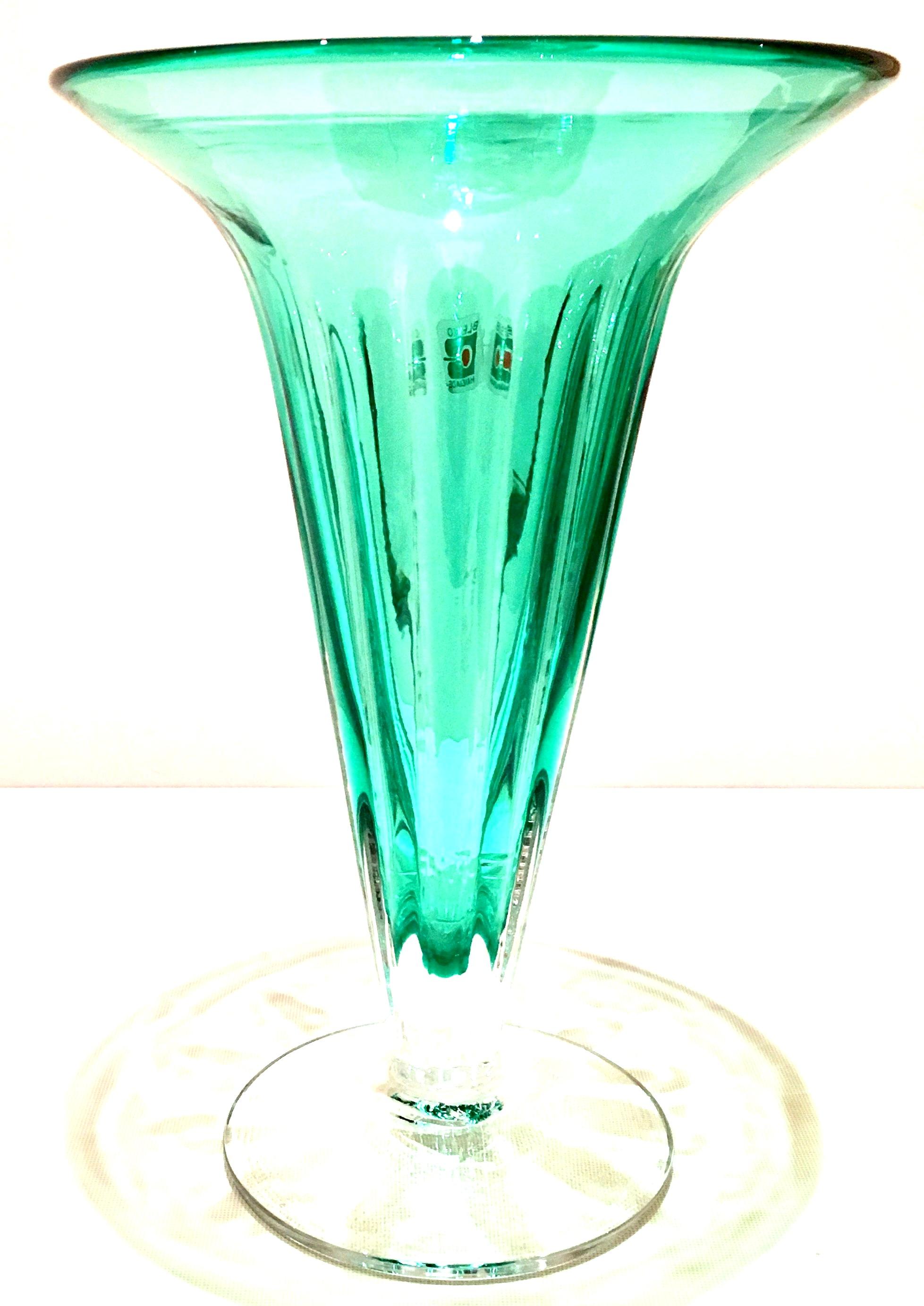 1980s American blown art glass aqua and translucent ribbed and fluted footed vase by Blenko glass. Original Blenko glass manufacturer sticker in tact, indicating 1980-1999 production.