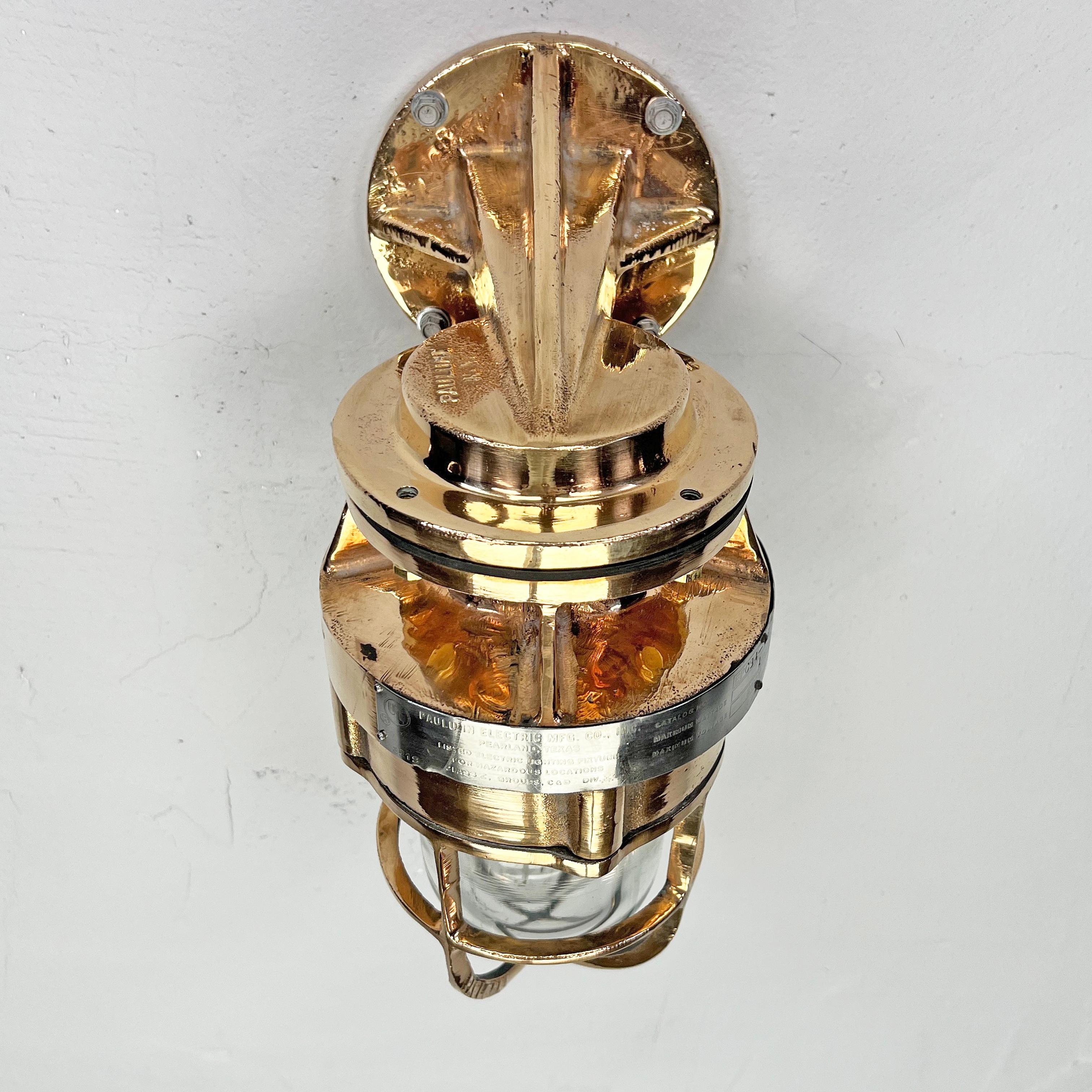 Late 20th Century 1980's American Cast Bronze & Glass Heavy Industrial Wall Sconce by Pauluhn UL