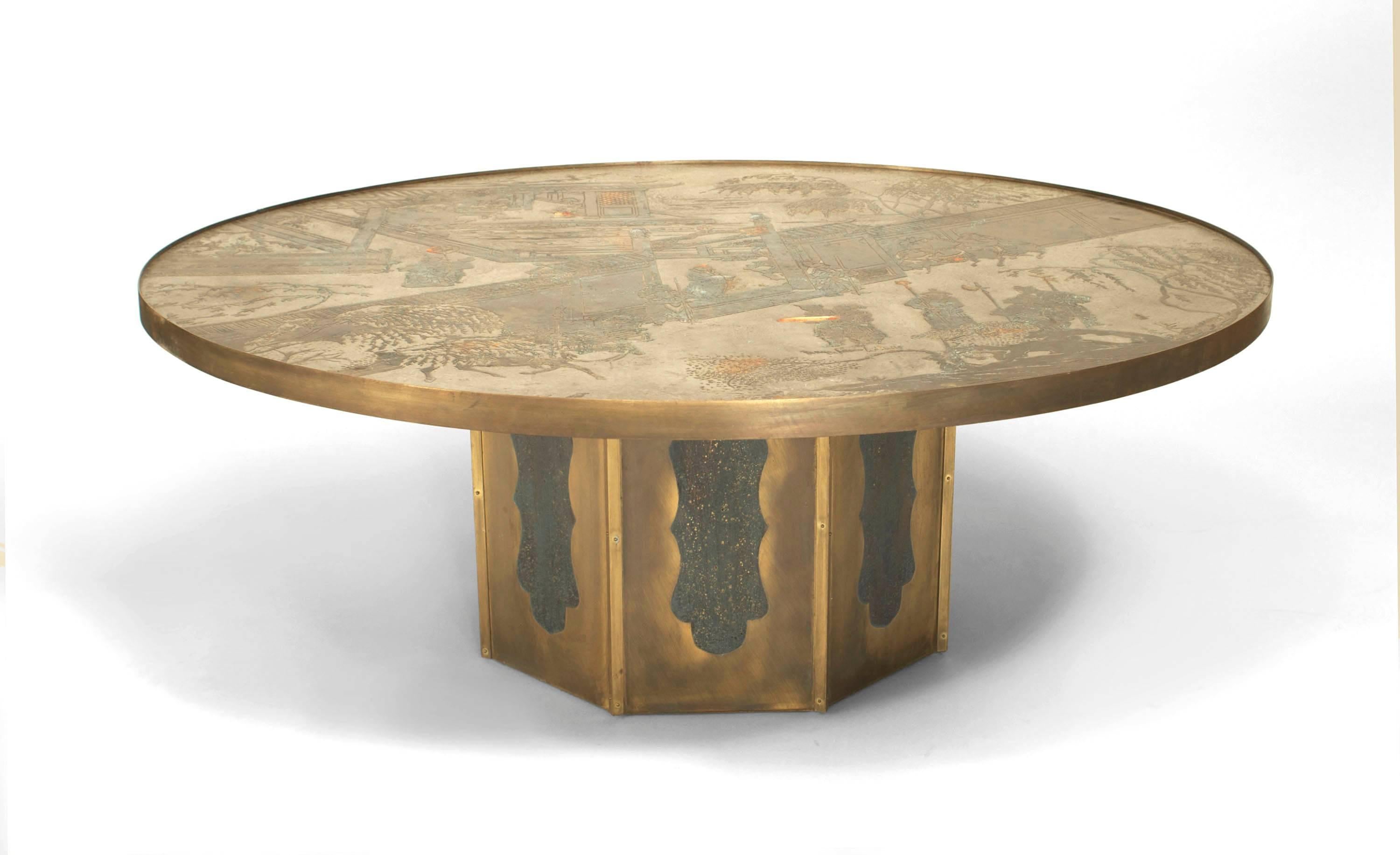 Signed by American father and son designers Philip and Kelvin LaVerne, this 1980's coffee table is composed of patinated bronze and features an octagonal base beneath a circular top etched with chinoiserie motifs.