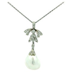 1980s American Platinum Diamond 18mm Baroque Pearl Drop Necklace