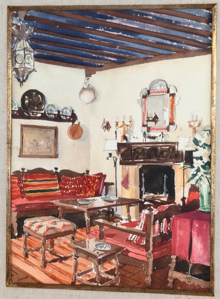 1980s American School Style Interior Scene of a Sitting Room Watercolor