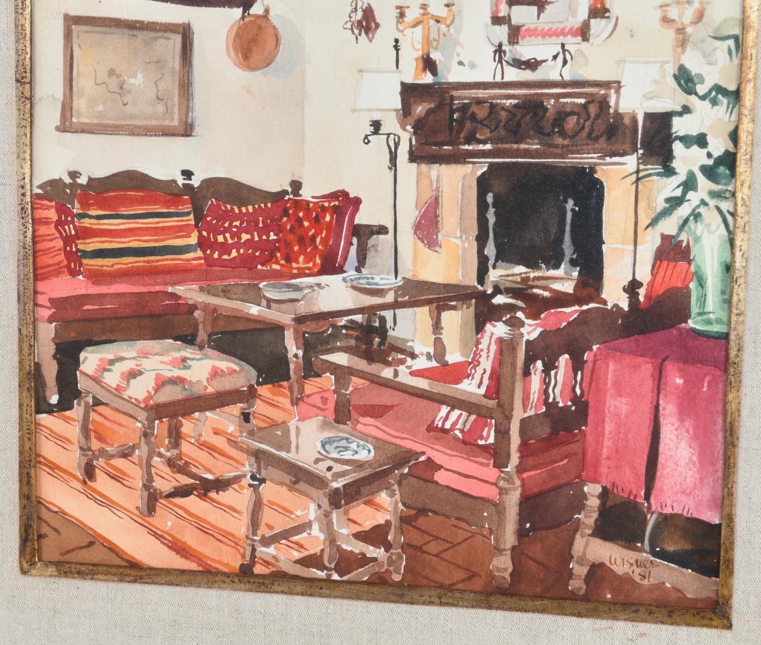 Pintura a la acuarela estilo escuela americana de los años 80 Escena interior de una sala de estar Estadounidense en venta