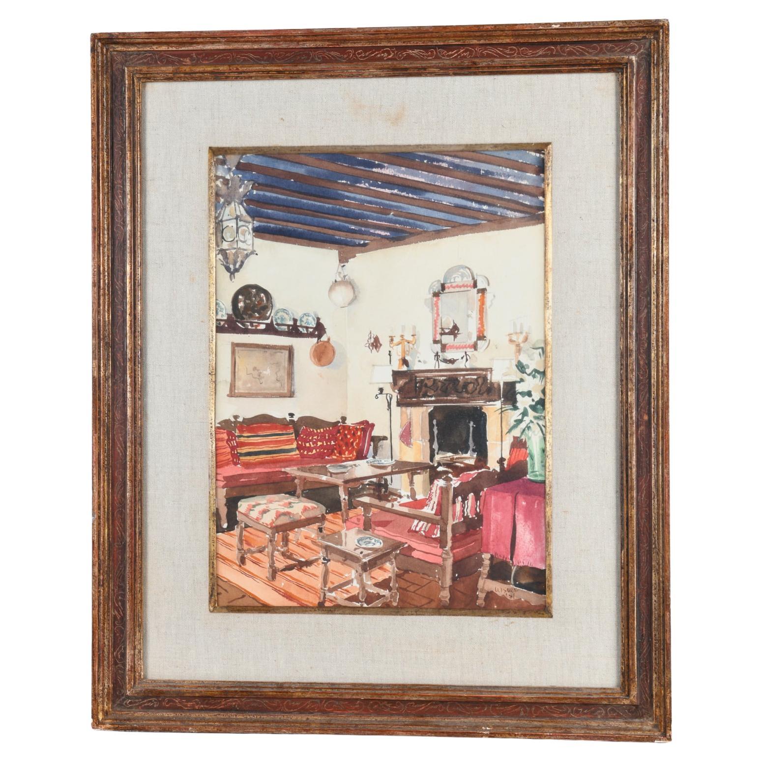 1980s American School Style Interior Scene of a Sitting Room Watercolor Painting For Sale