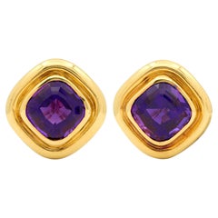1980's Amethyst 14 Karat Yellow Gold Vintage Cushion Earrings
