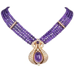 1980s Amethyst Diamond 18K Gold Multi Strand Statement Necklace