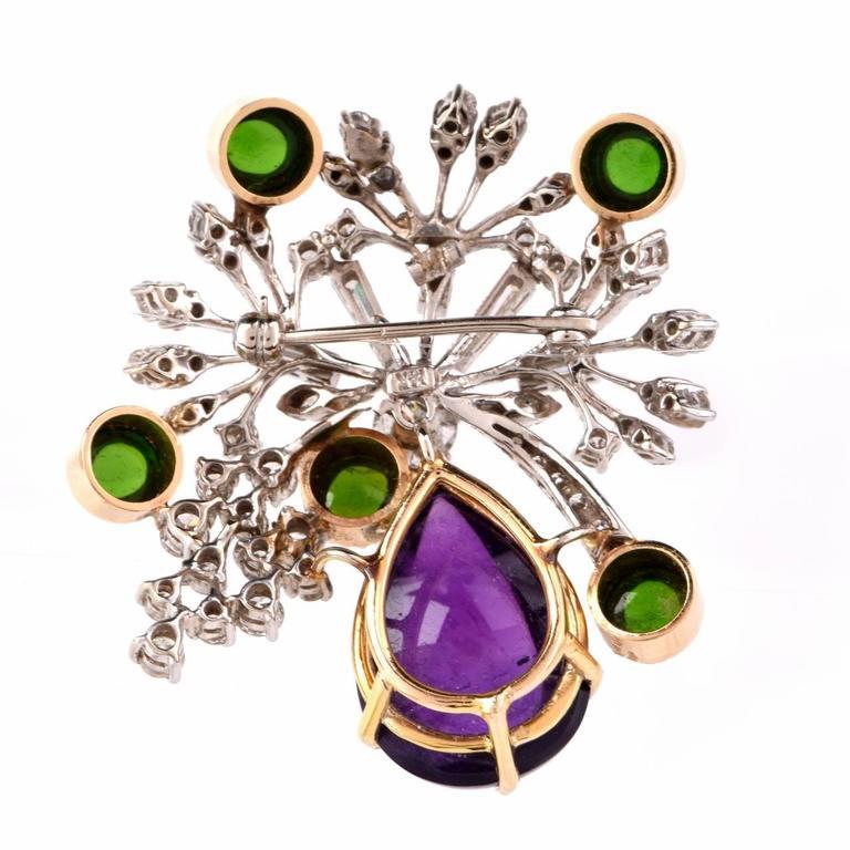 1980s Amethyst Diamond Tourmaline Floral Gold Pin Brooch In Excellent Condition For Sale In Miami, FL