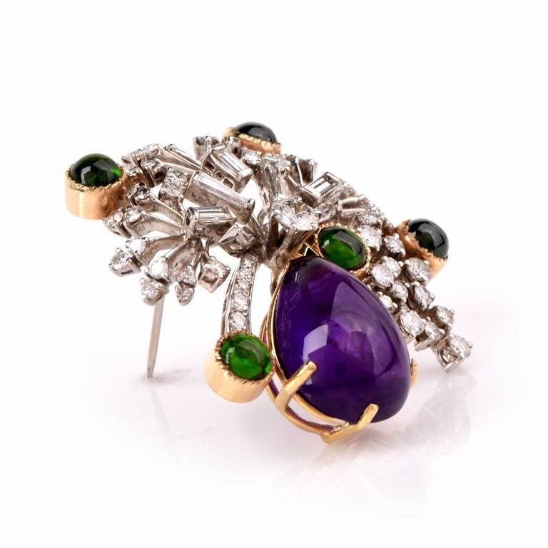 1980s Amethyst Diamond Tourmaline Floral Gold Pin Brooch For Sale 1