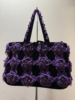 1980s Amethyst Velvet Handbag w Purple Crochet Flowers & Beadwork Tassels