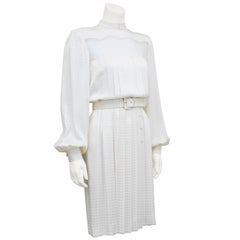 1980s Andre Laug Cream Silk Jacquard and Lace Dress