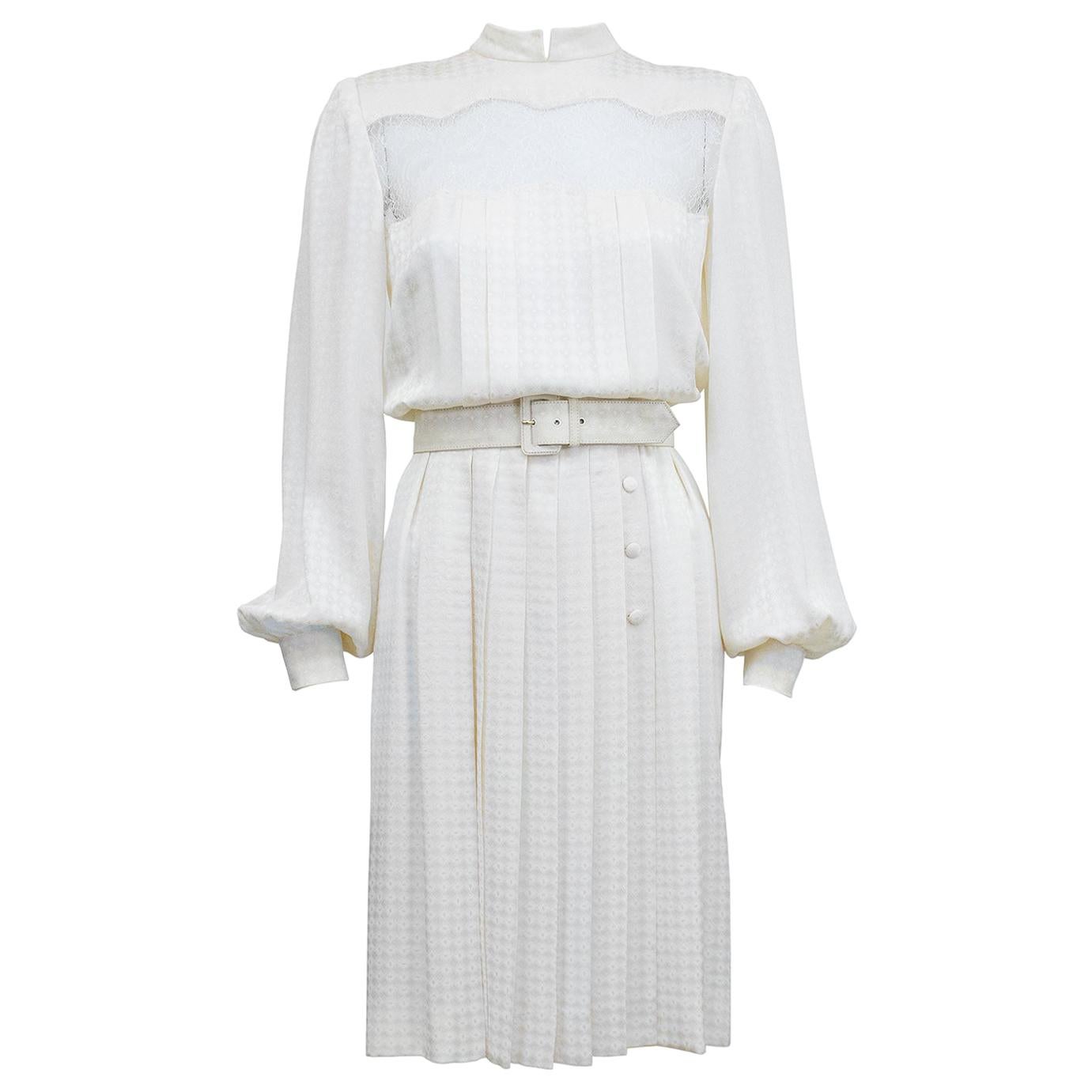 1980s Andre Laug Cream Silk Jacquard and Lace Dress  For Sale