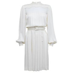 1980s Andre Laug Cream Silk Jacquard and Lace Dress 