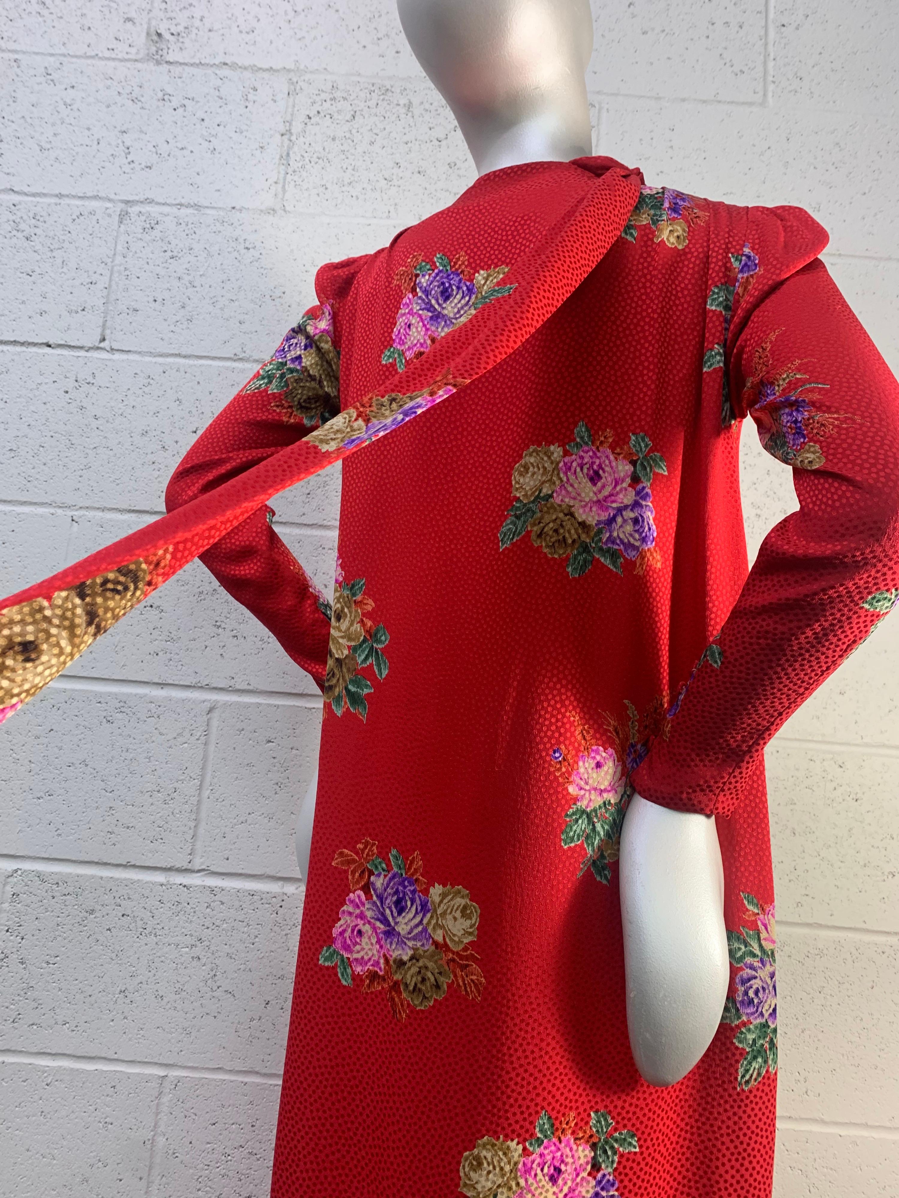 1980s Andrea Odicini Red & Floral Silk Jacquard Print Long Sleeved Gown w/ Scarf 6