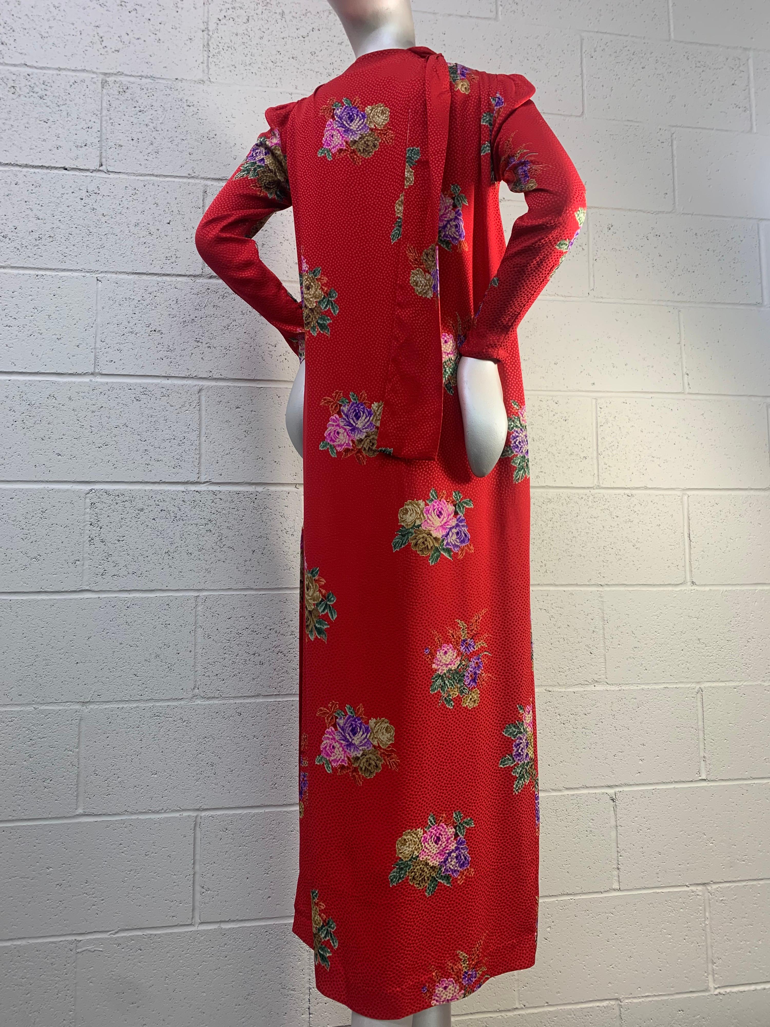 1980s Andrea Odicini Red & Floral Silk Jacquard Print Long Sleeved Gown w/ Scarf 7