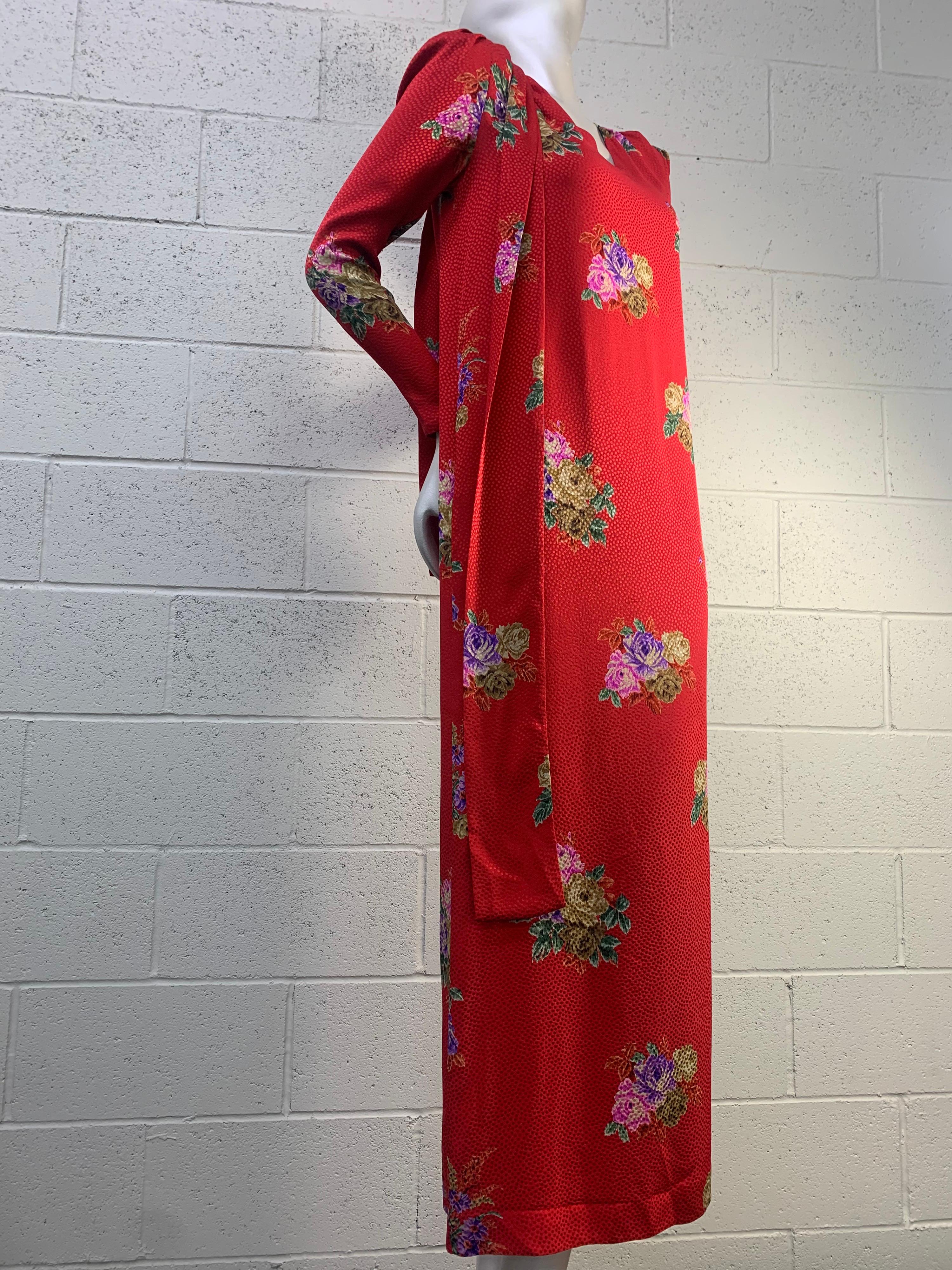 1980s Andrea Odicini Red & Floral Silk Jacquard Print Long Sleeved Gown w/ Scarf 8