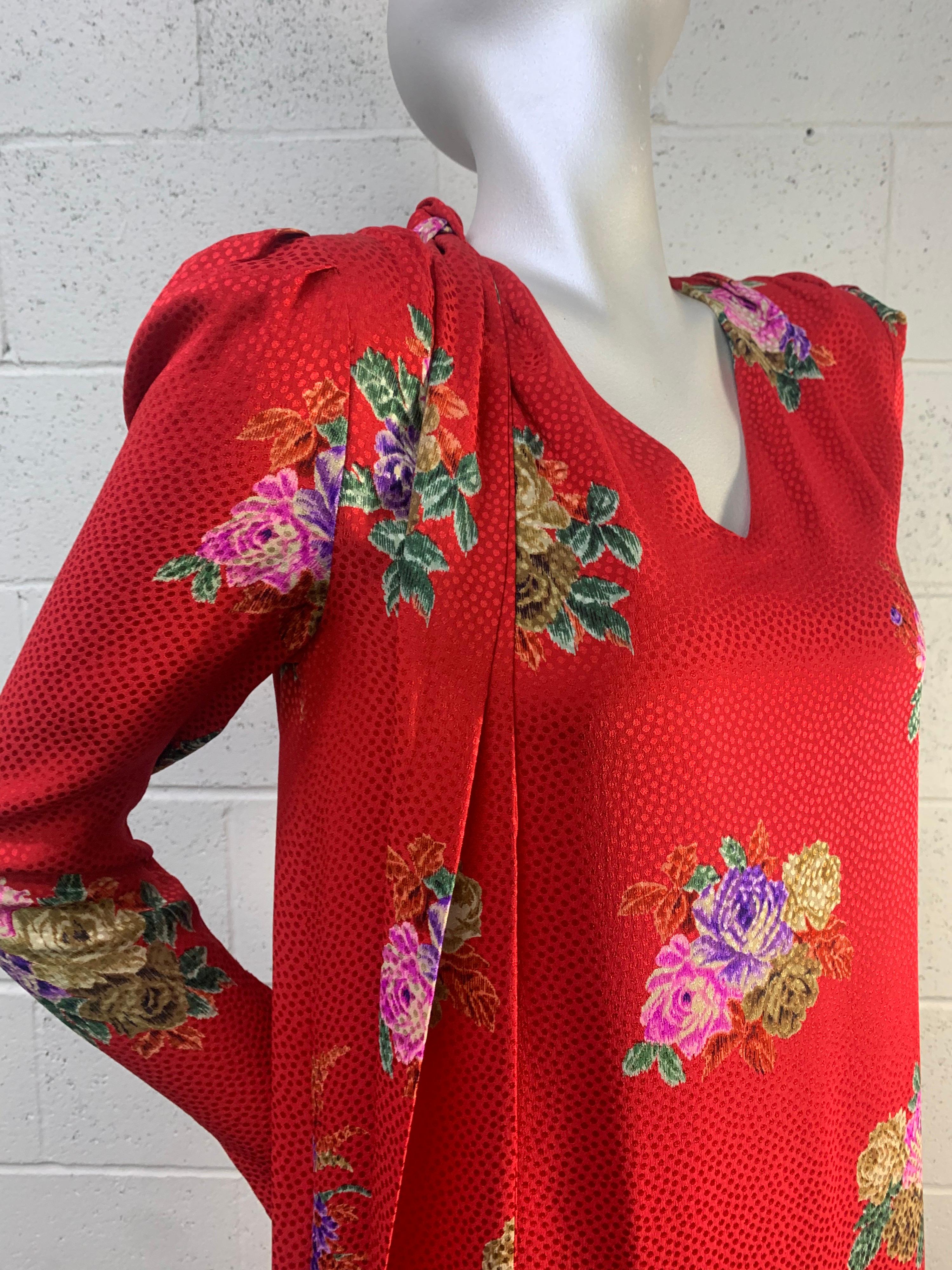 1980s Andrea Odicini Red & Floral Silk Jacquard Print Long Sleeved Gown w/ Scarf 9