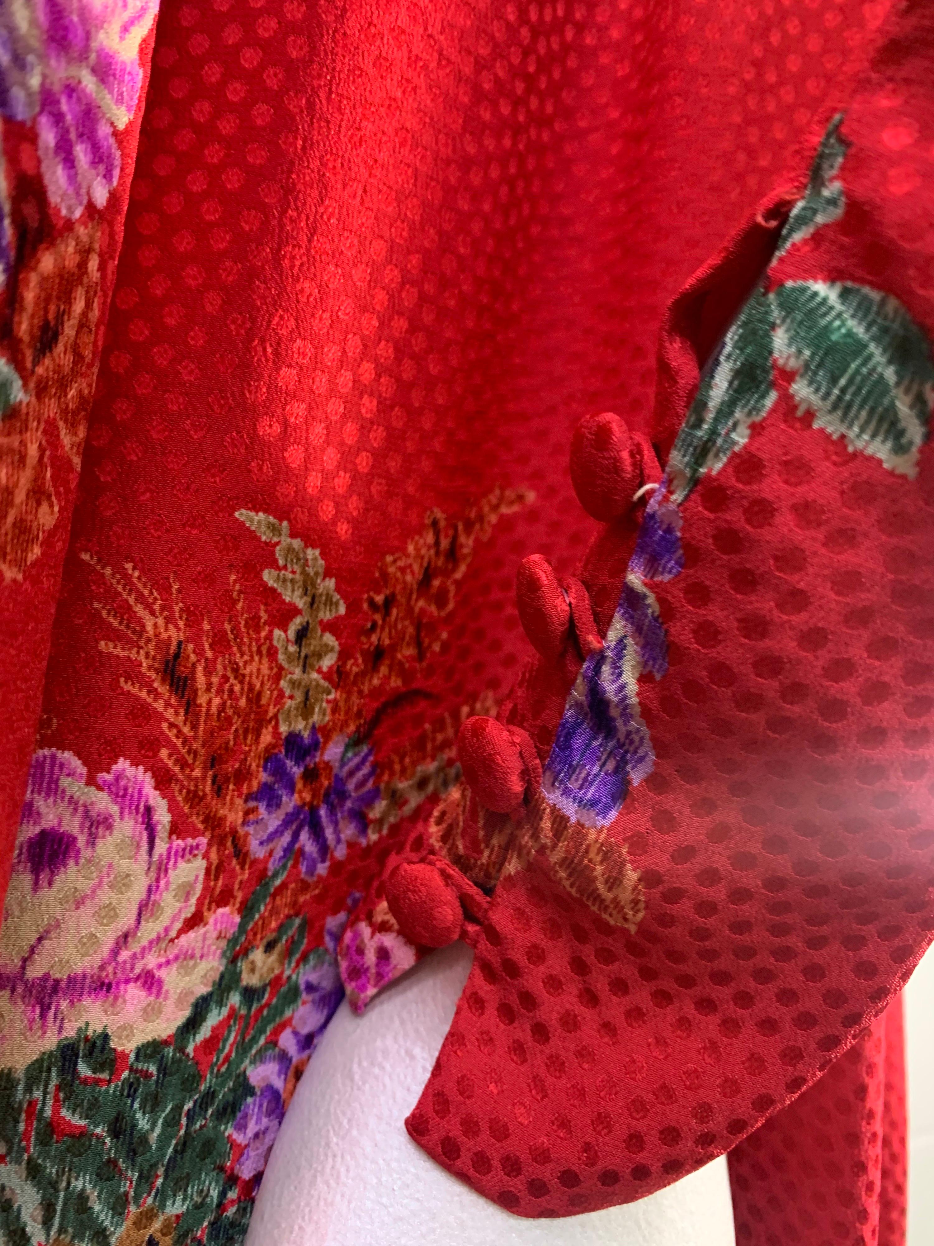 1980s Andrea Odicini Red & Floral Silk Jacquard Print Long Sleeved Gown w/ Scarf 11