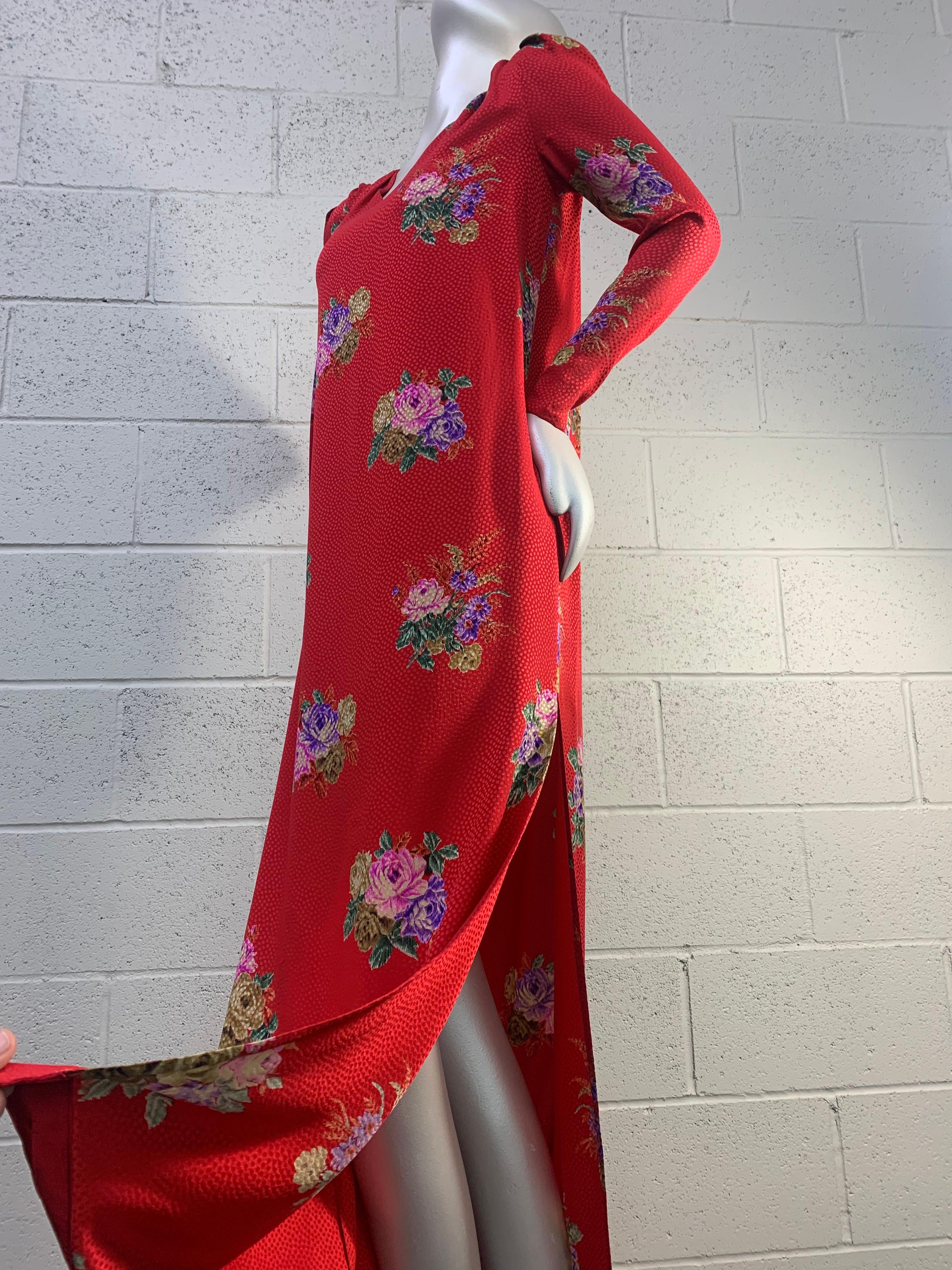 1980s Andrea Odicini Red & Floral Silk Jacquard Print Long Sleeved Gown w/ Scarf In Excellent Condition In Gresham, OR