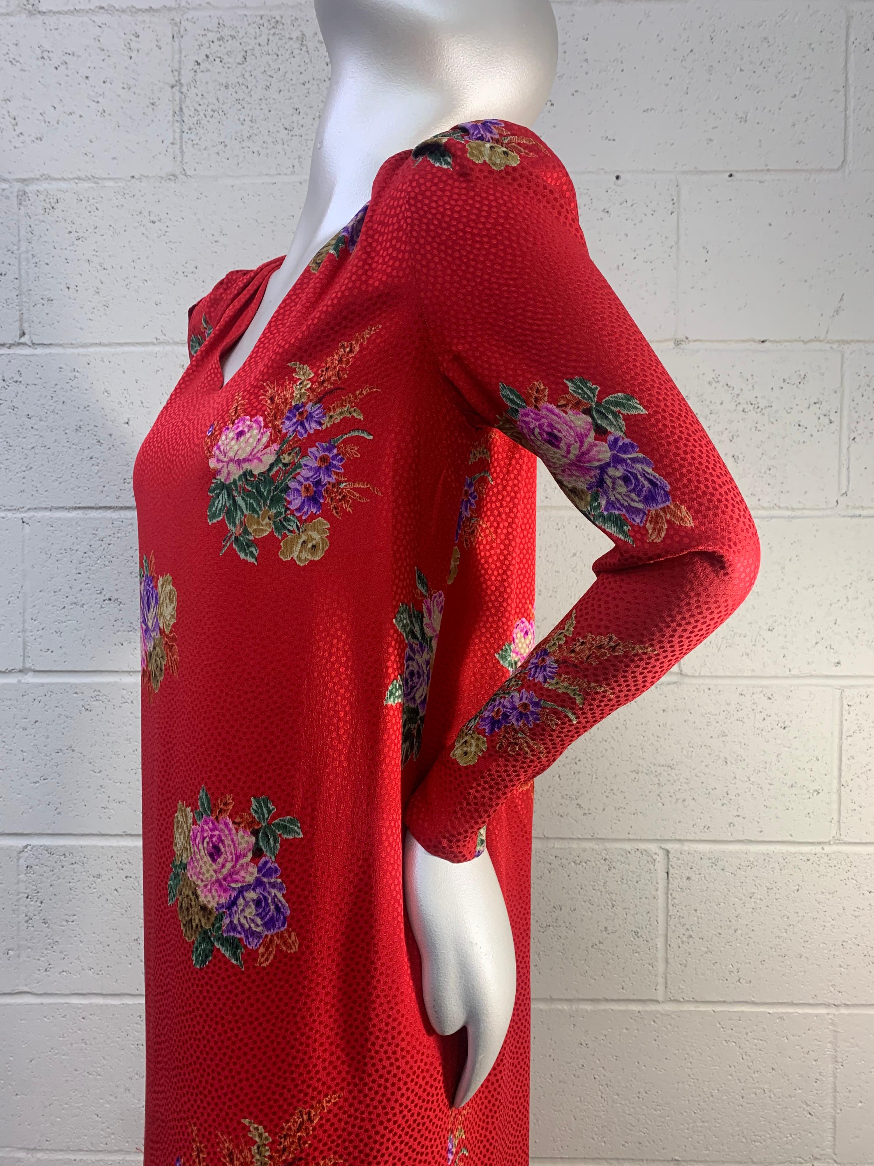 Women's 1980s Andrea Odicini Red & Floral Silk Jacquard Print Long Sleeved Gown w/ Scarf