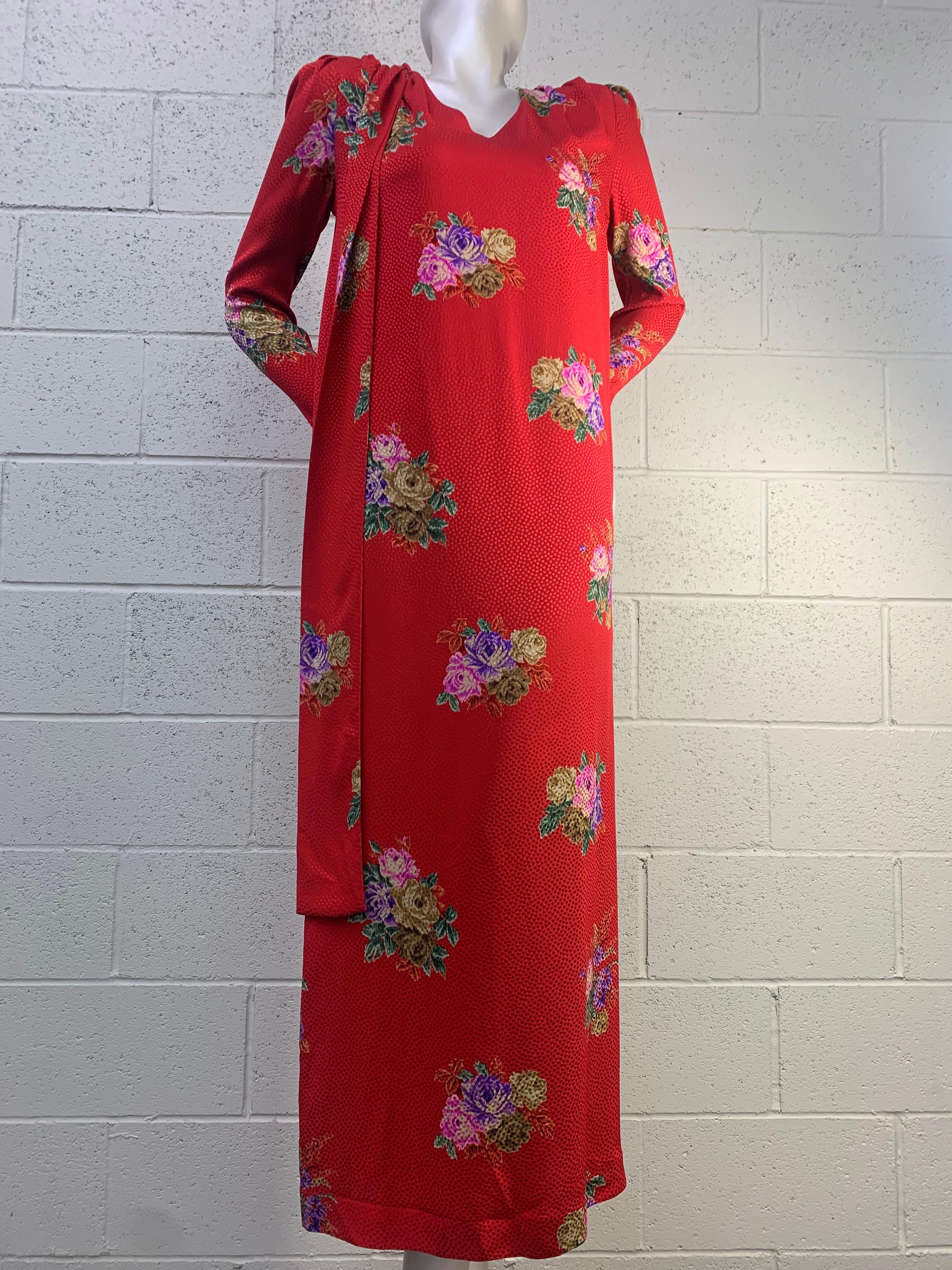 1980s Andrea Odicini Red & Floral Silk Jacquard Print Long Sleeved Gown w/ Scarf 4