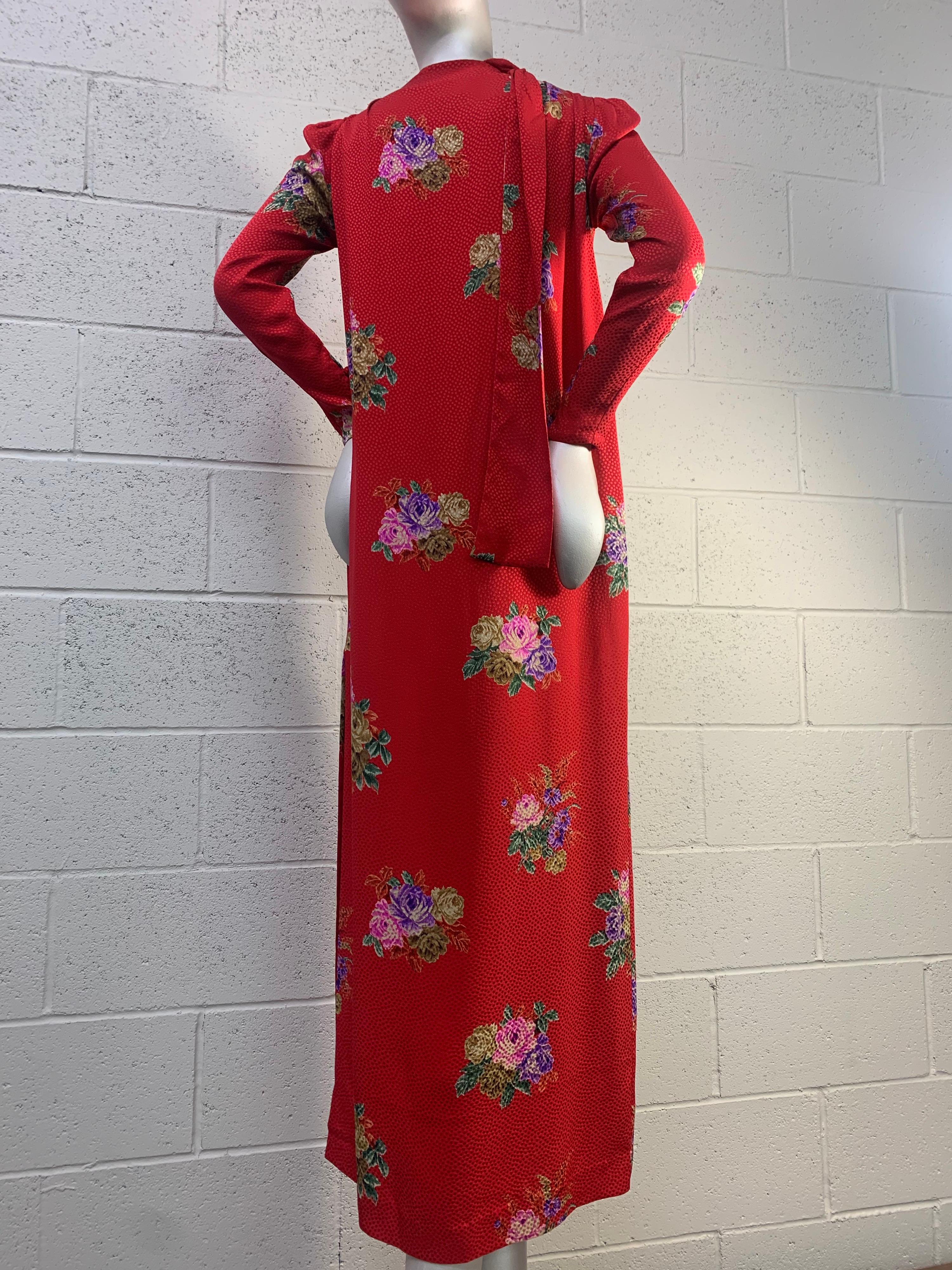 1980s Andrea Odicini Red & Floral Silk Jacquard Print Long Sleeved Gown w/ Scarf 5