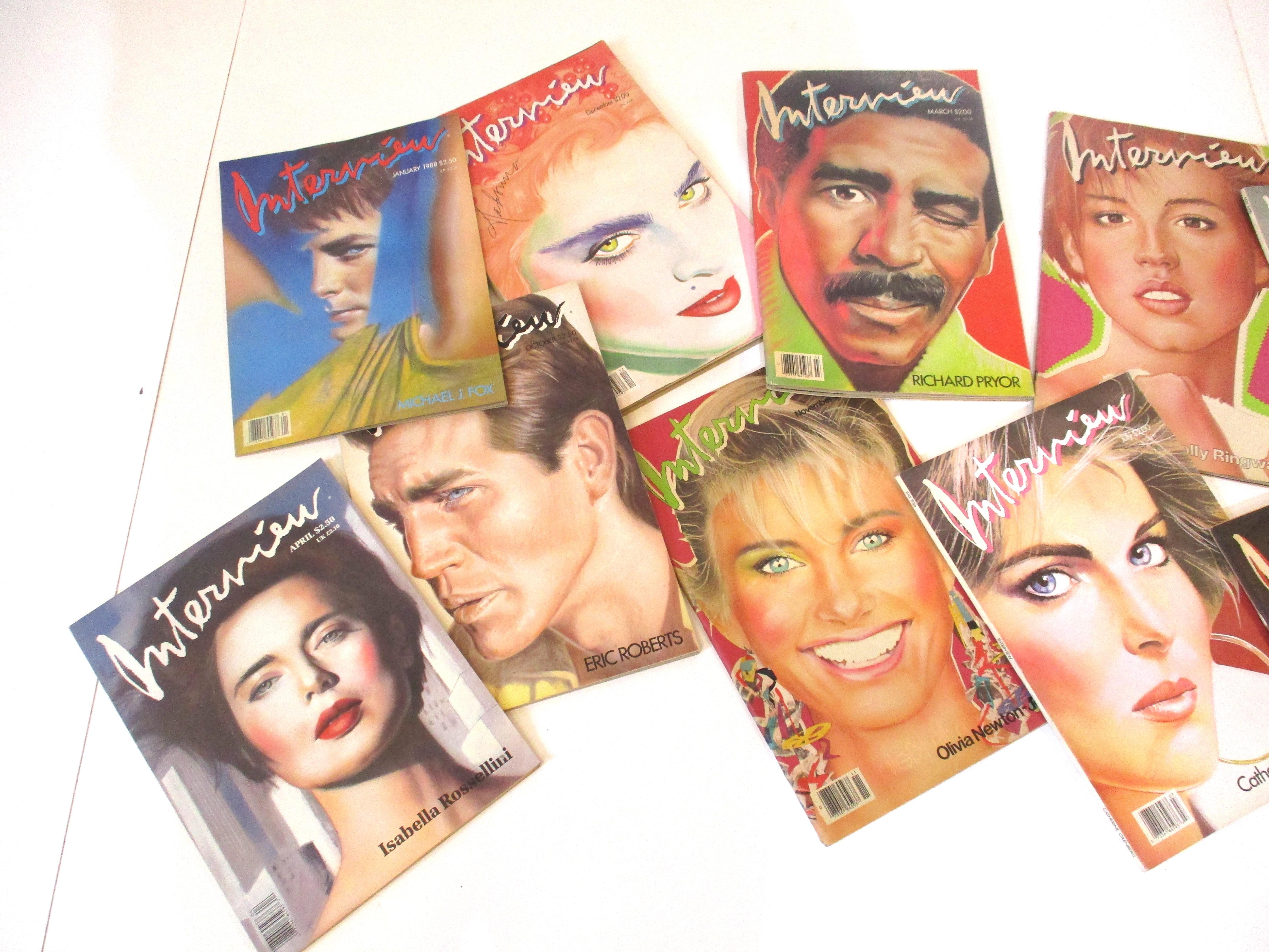 A collection of thirteen iconic interview magazines published by Andy Warhol with many portrait covers by artist Richard Bernstein.These pieces are a history of art, fashion, photography and stories depicting the go go era of the 1980s with great