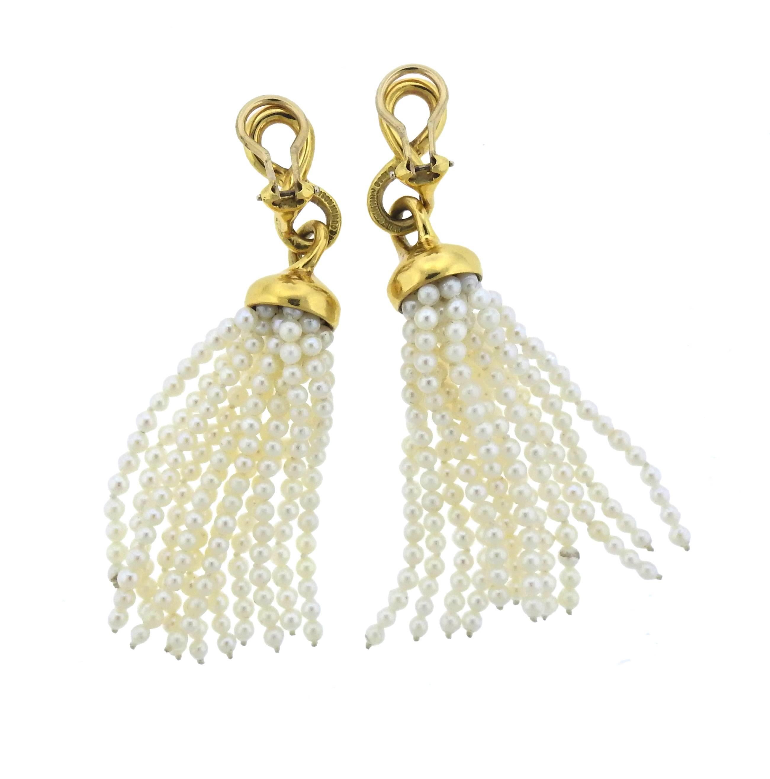  Pair of 18k yellow gold tassel earrings, crafted by Angela Cummings in circa 1980s, featuring 2.5-2.7mm pearls. Earrings are 73mm long, weigh 29.2 grams. Marked: 1988, Cummings, 18k.
