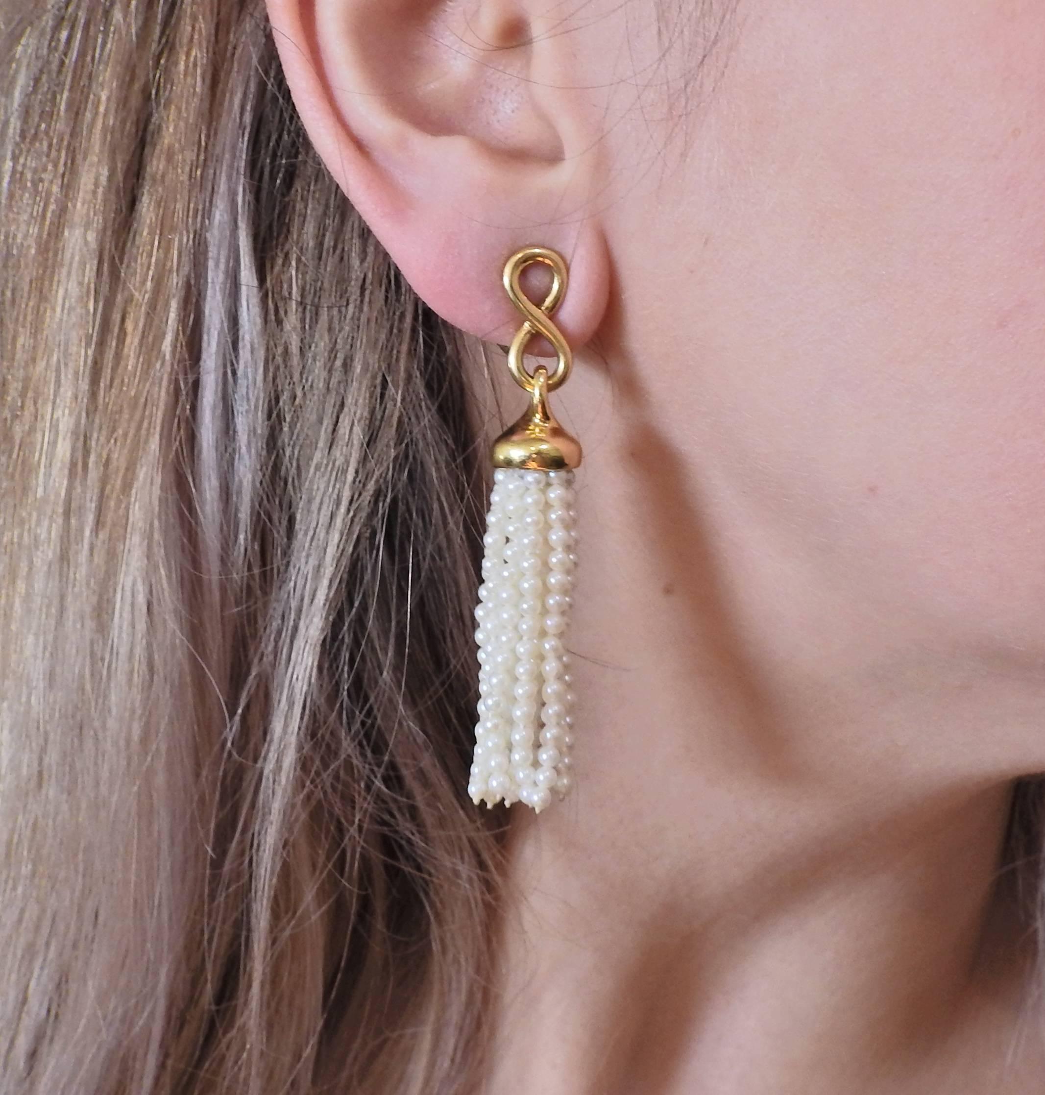 1980s Angela Cummings Pearl Gold Tassel Earrings 1
