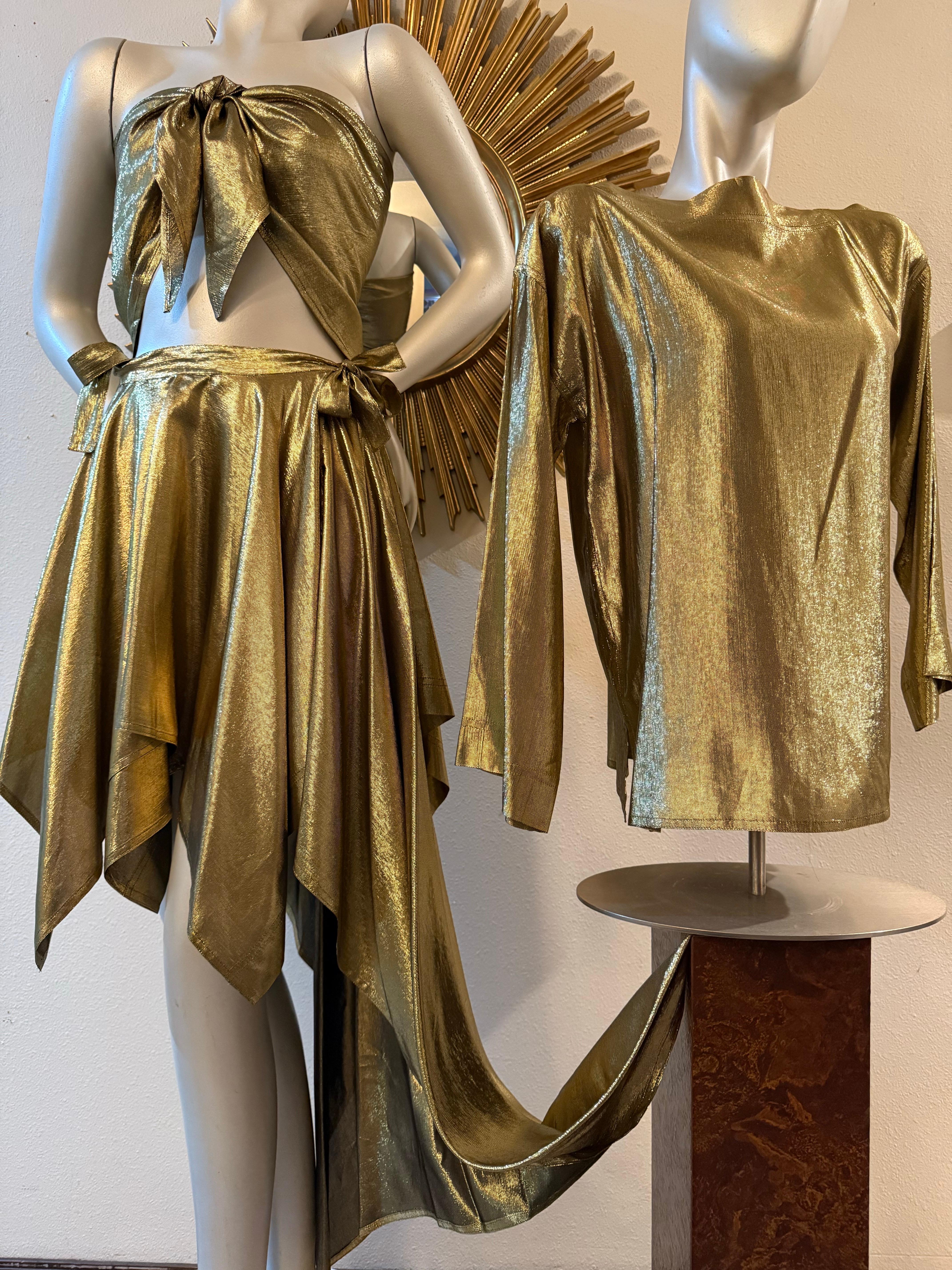 1980s Angelo Tarlazzi 4-Piece Gold Silk Lame Ensemble w Skirts Blouse & Scarf For Sale 7