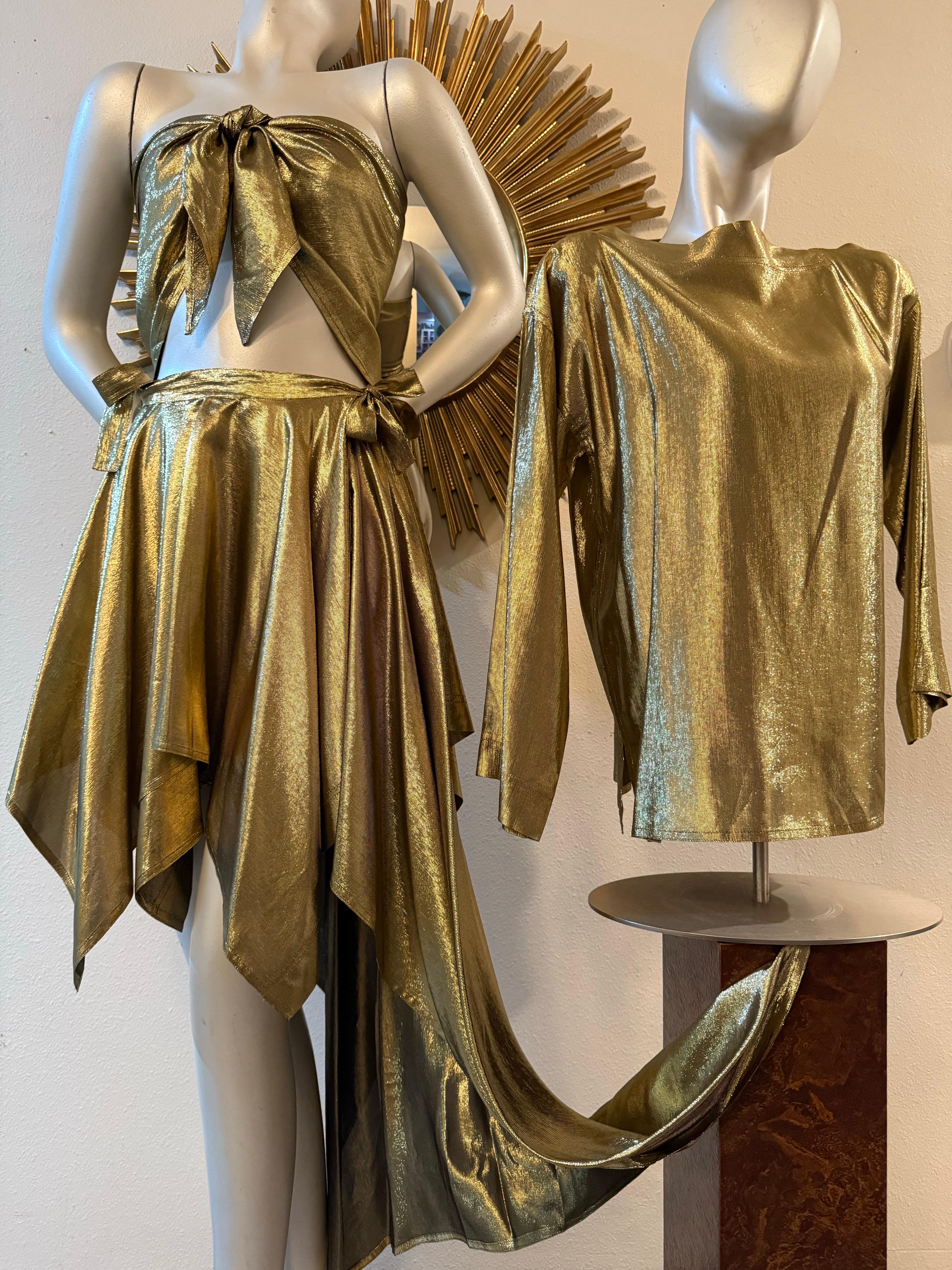 1980s Angelo Tarlazzi 4-Piece Gold Silk Lame Ensemble w Skirts Blouse & Scarf For Sale 9