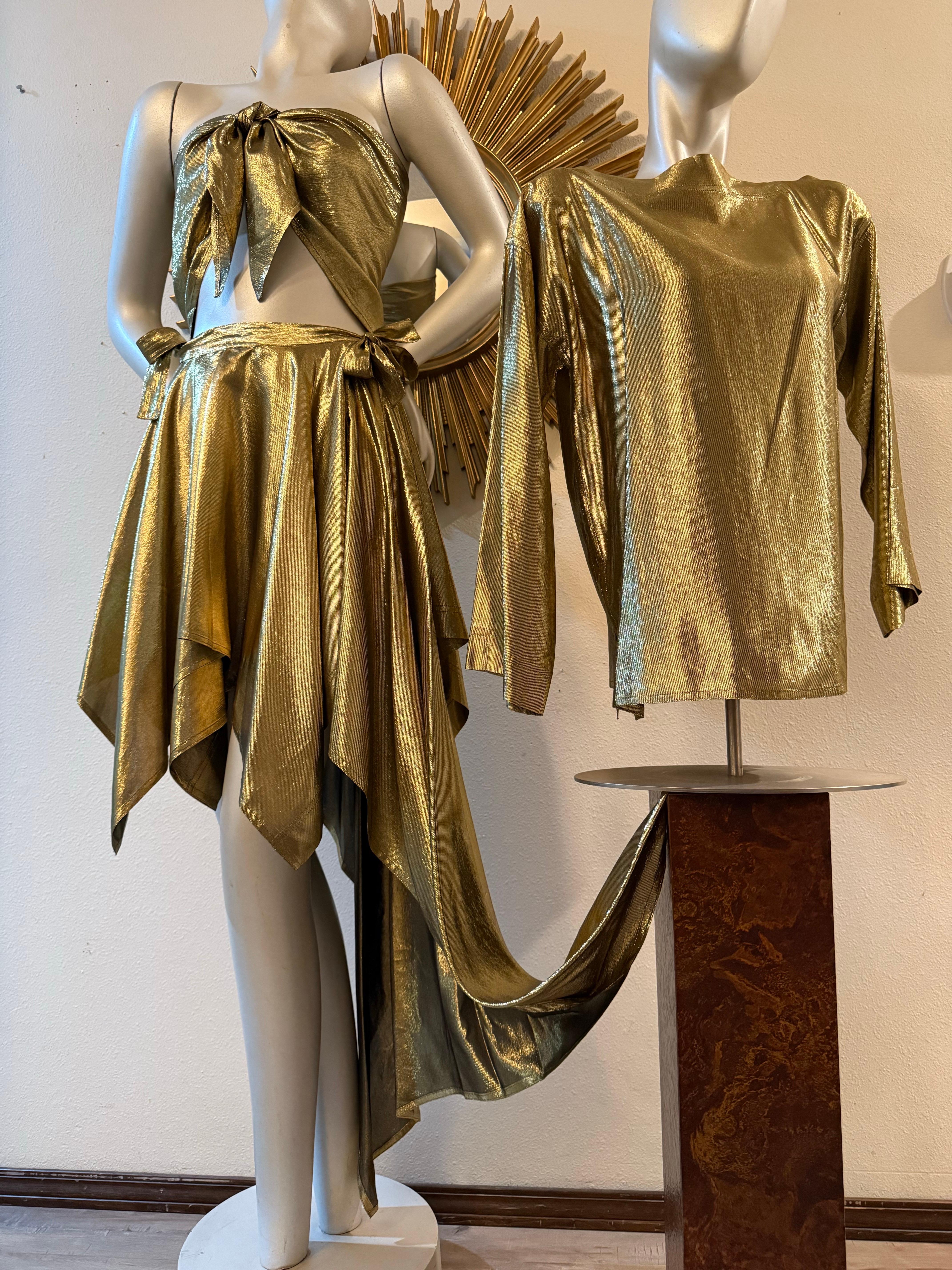 1980s Angelo Tarlazzi 4-Piece Gold Silk Lame Ensemble w Skirts Blouse & Scarf For Sale 13