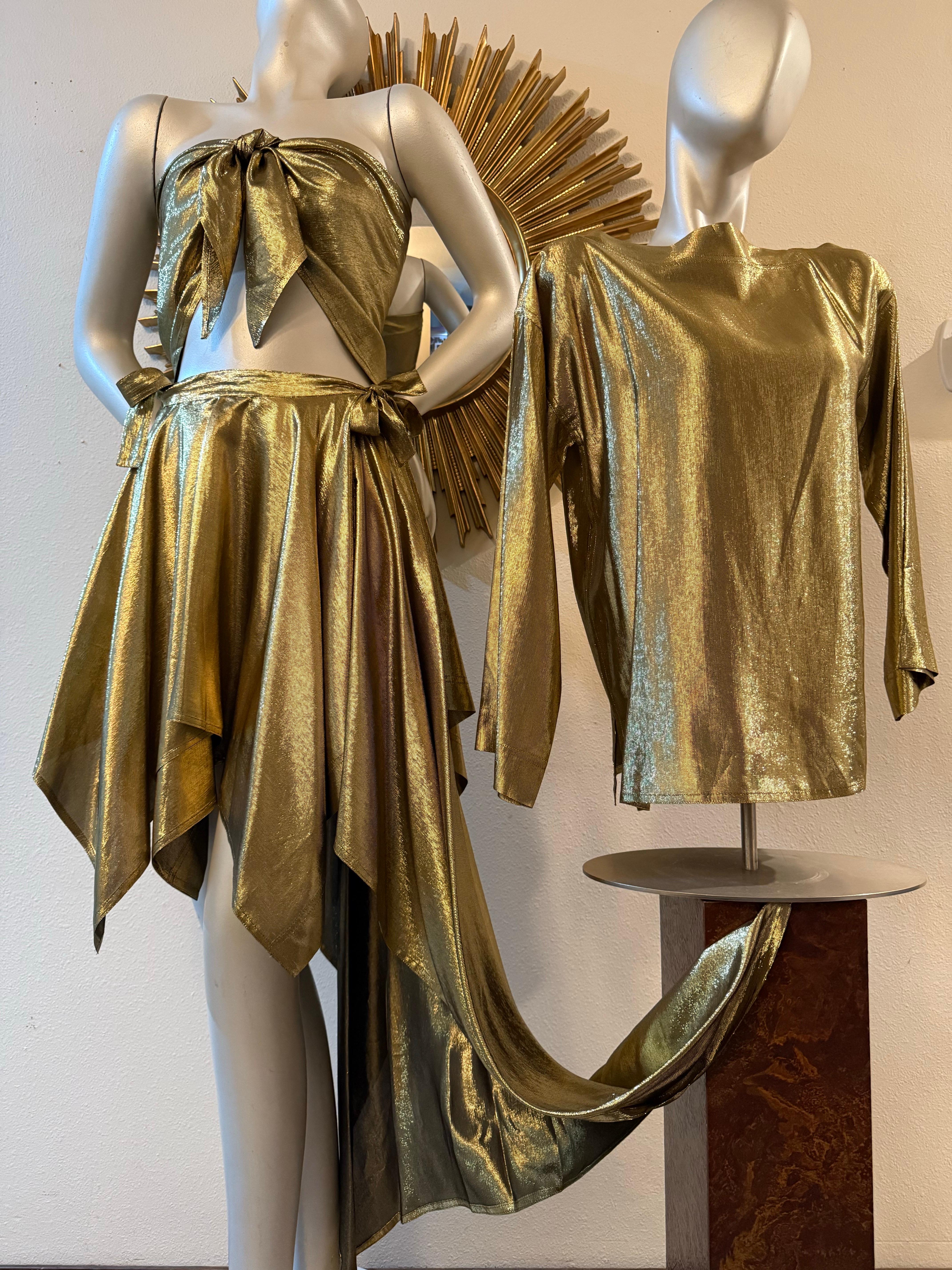 1980s Angelo Tarlazzi 4-Piece Gold Silk Lame Ensemble w 2 Different Wrap Skirts, Blouse & Scarf:  This super-sexy ensemble consists of 2 different styles of wrap skirts--one is a handkerchief hem miniskirt that ties to one side and the other a