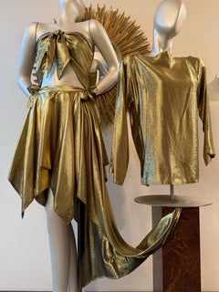 1980s Angelo Tarlazzi 4-Piece Gold Silk Lame Ensemble w Skirts Blouse & Scarf