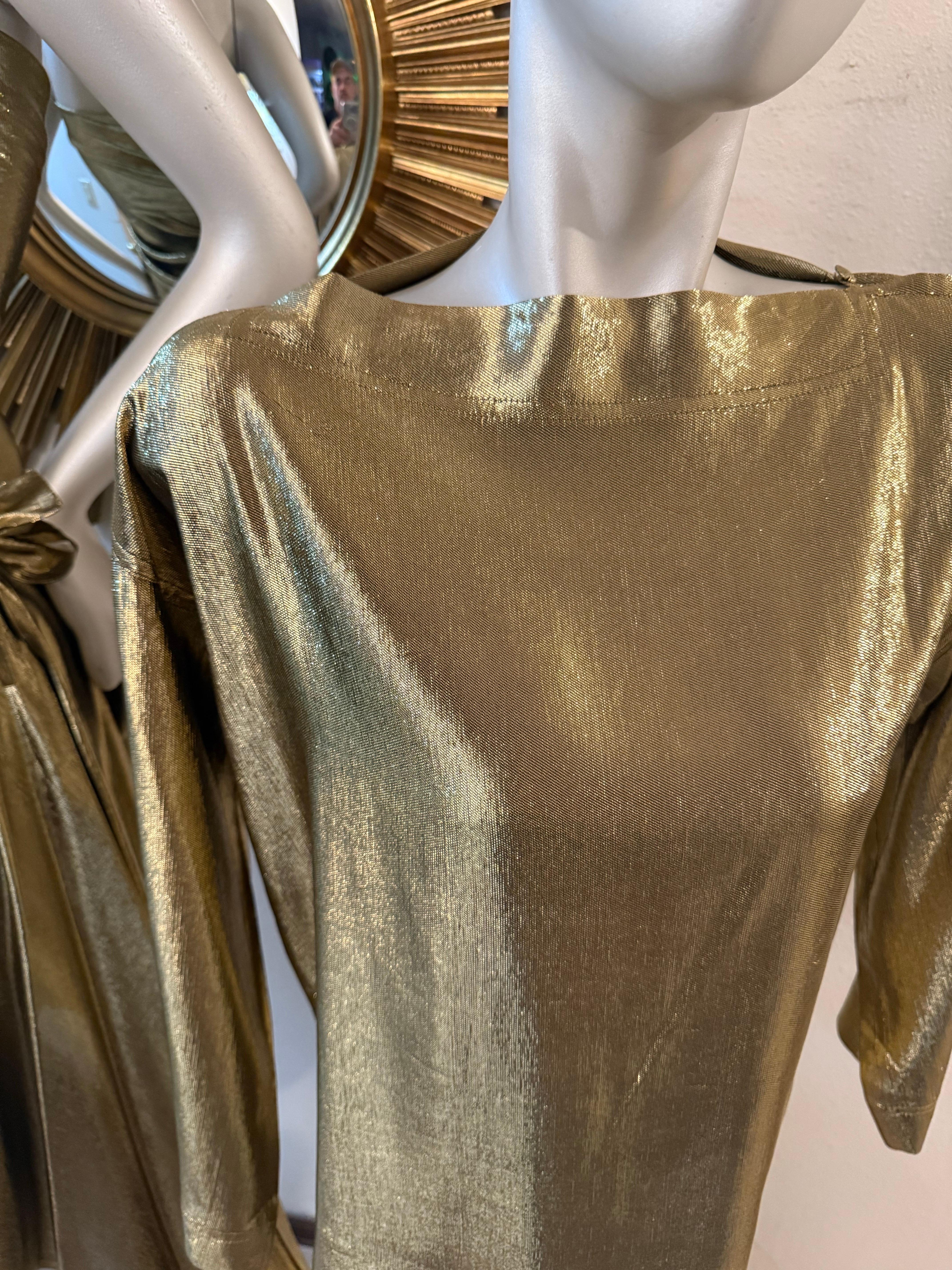 Brown 1980s Angelo Tarlazzi 4-Piece Gold Silk Lame Ensemble w Skirts Blouse & Scarf For Sale