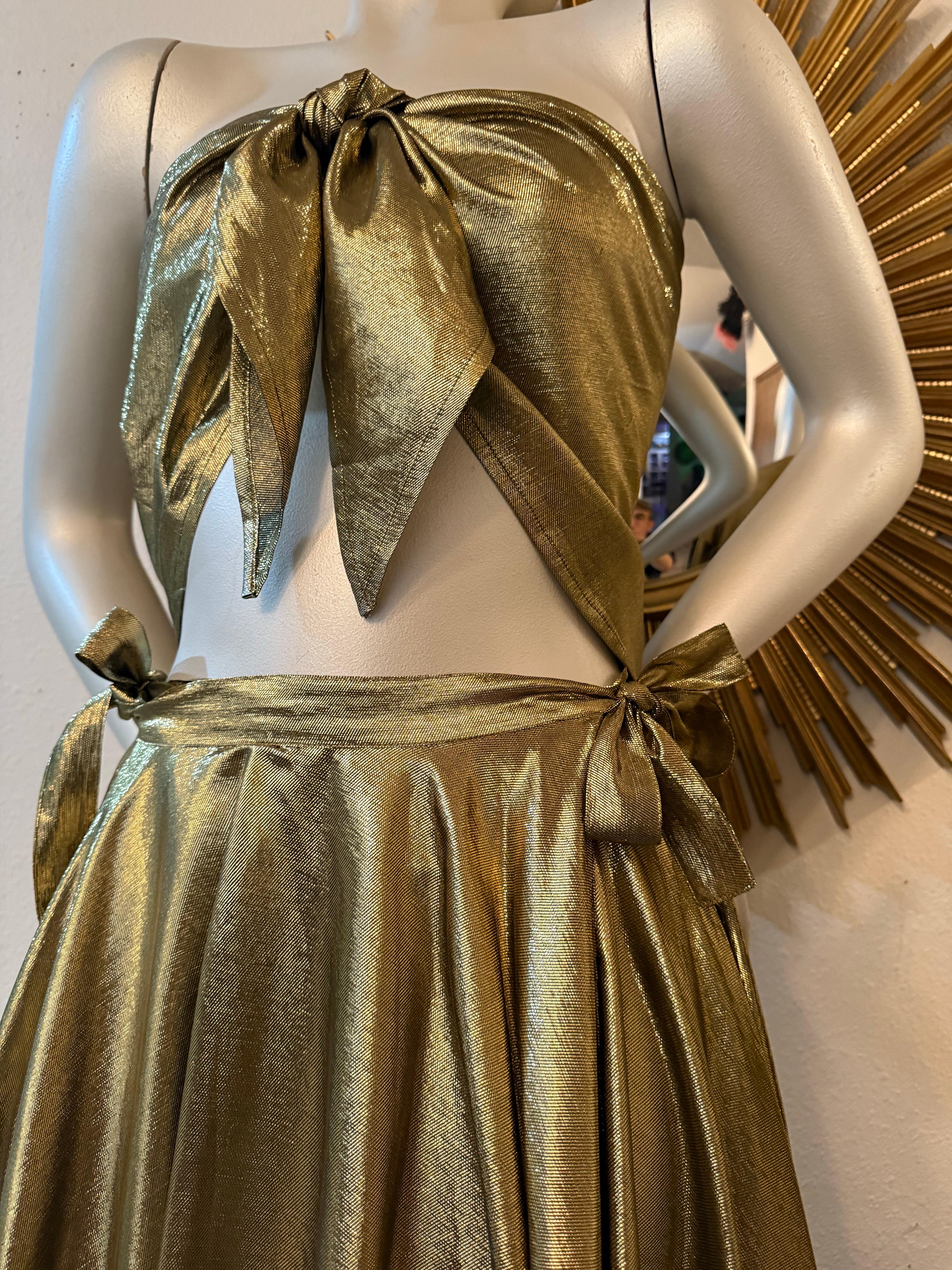 Women's 1980s Angelo Tarlazzi 4-Piece Gold Silk Lame Ensemble w Skirts Blouse & Scarf For Sale