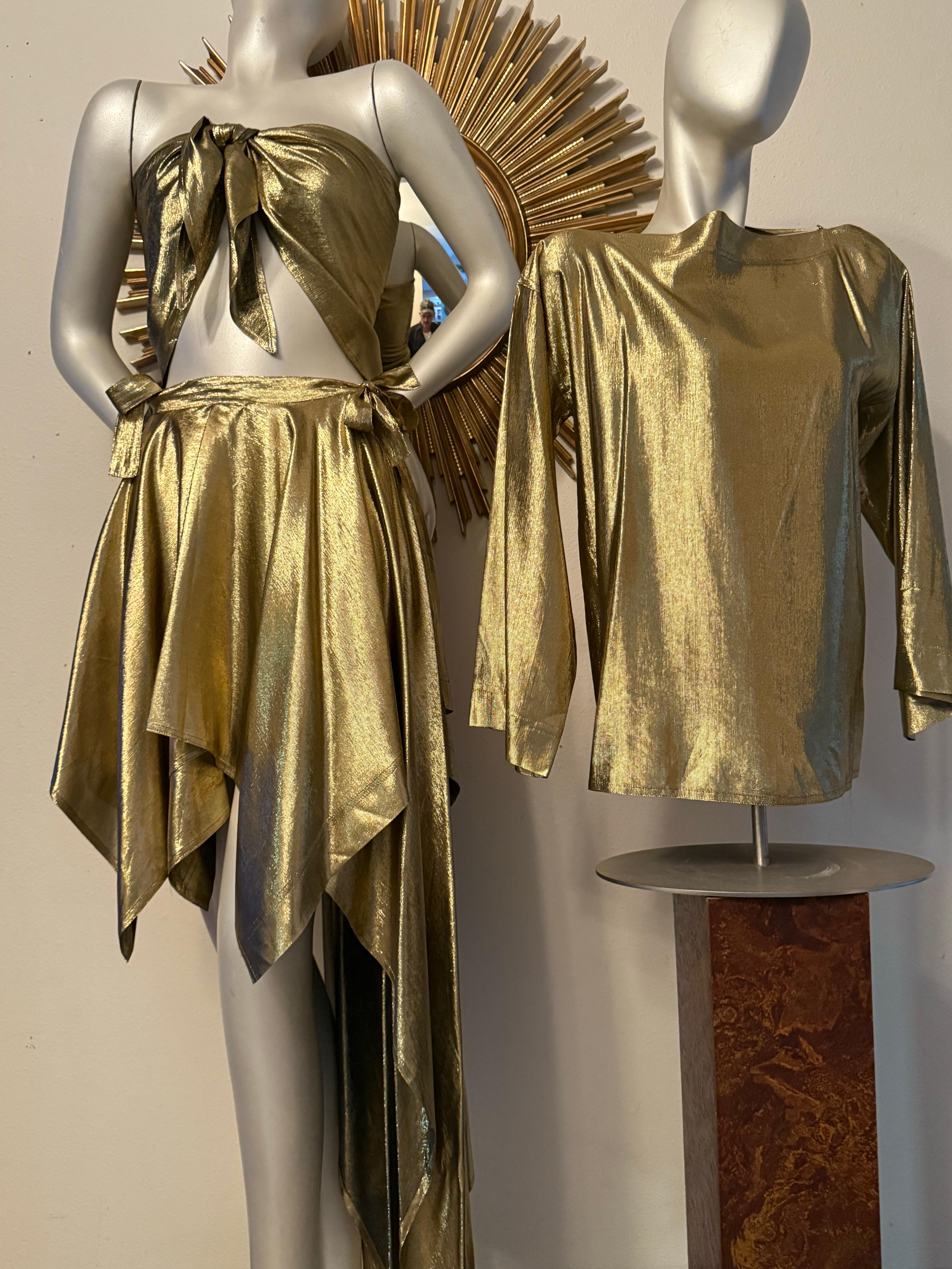 1980s Angelo Tarlazzi 4-Piece Gold Silk Lame Ensemble w Skirts Blouse & Scarf For Sale 1