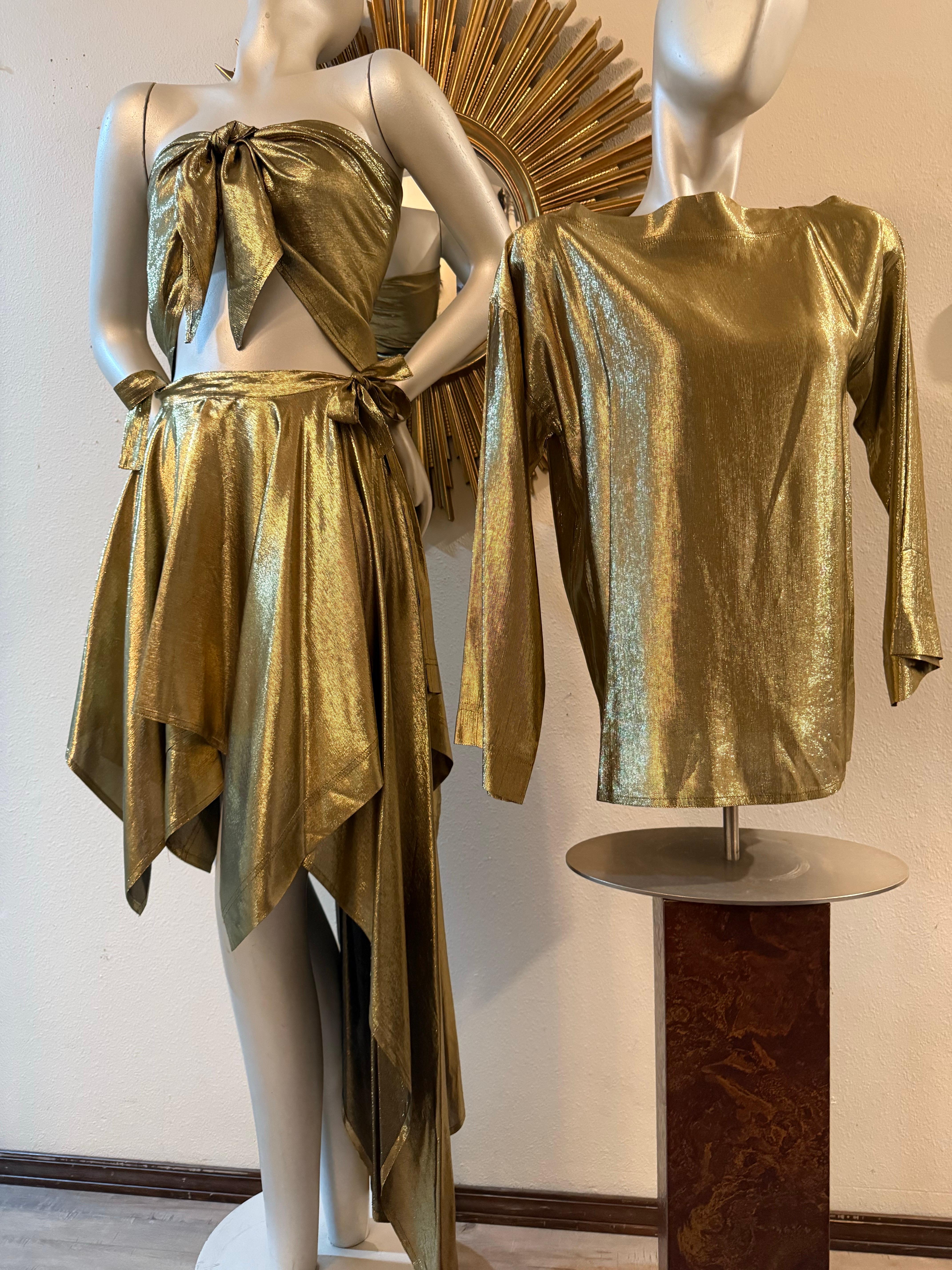 1980s Angelo Tarlazzi 4-Piece Gold Silk Lame Ensemble w Skirts Blouse & Scarf For Sale 2