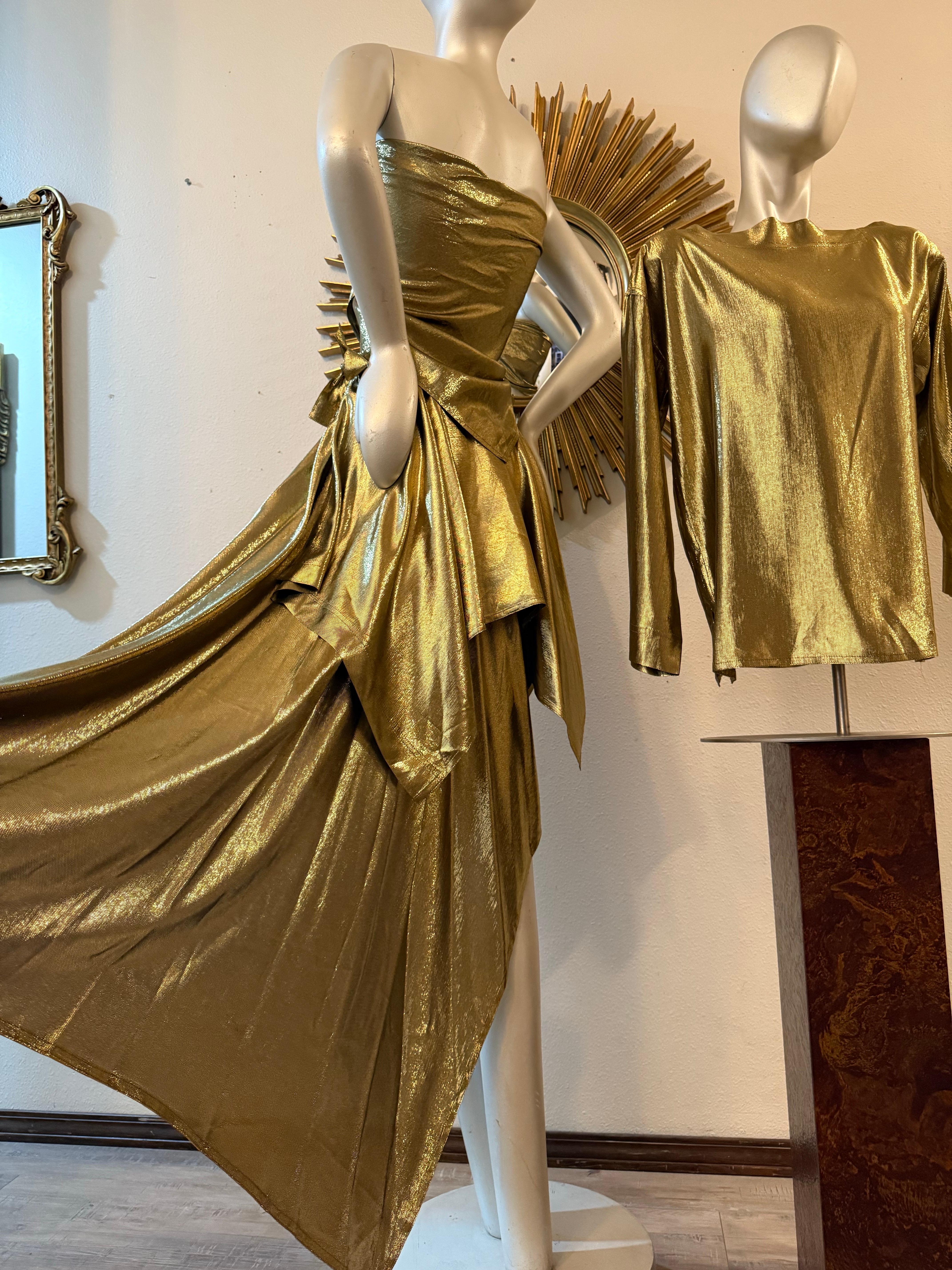1980s Angelo Tarlazzi 4-Piece Gold Silk Lame Ensemble w Skirts Blouse & Scarf For Sale 4