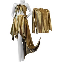 1980s Angelo Tarlazzi 4-Piece Gold Silk Lame Ensemble w Skirts Blouse & Scarf