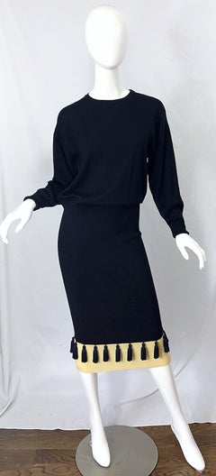 1980s Angelo Tarlazzi Black and Ivory Wool Dolman Sleeve 80s Sweater Dress