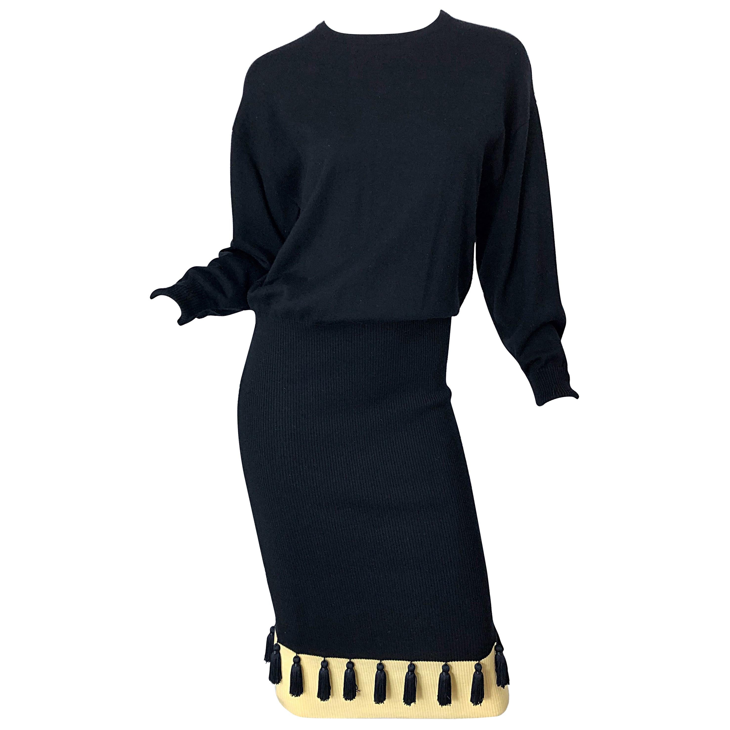 1980s Angelo Tarlazzi Black and Ivory Wool Dolman Sleeve 80s Sweater Dress