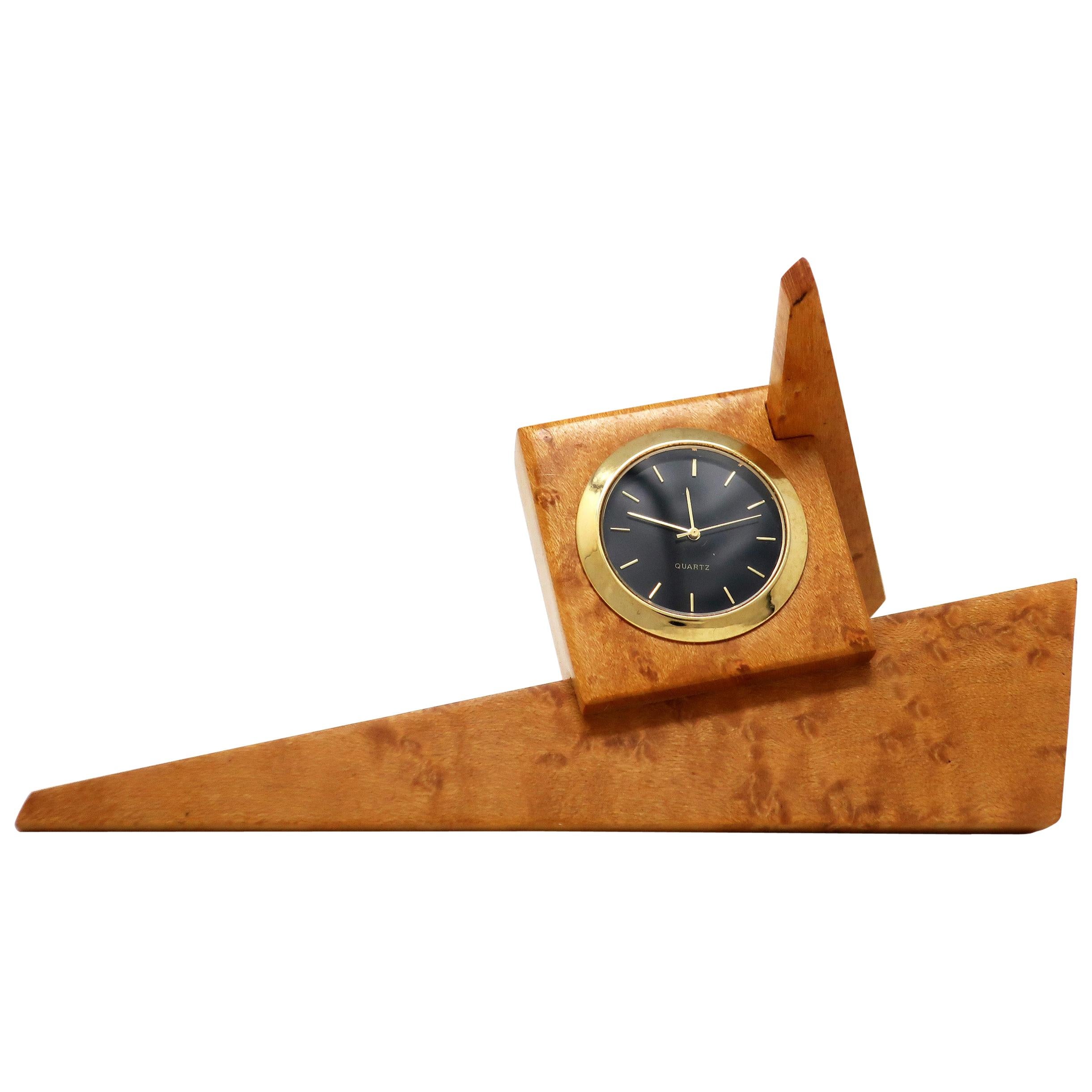 1980s Angular Burl Wood Desk Clock For Sale