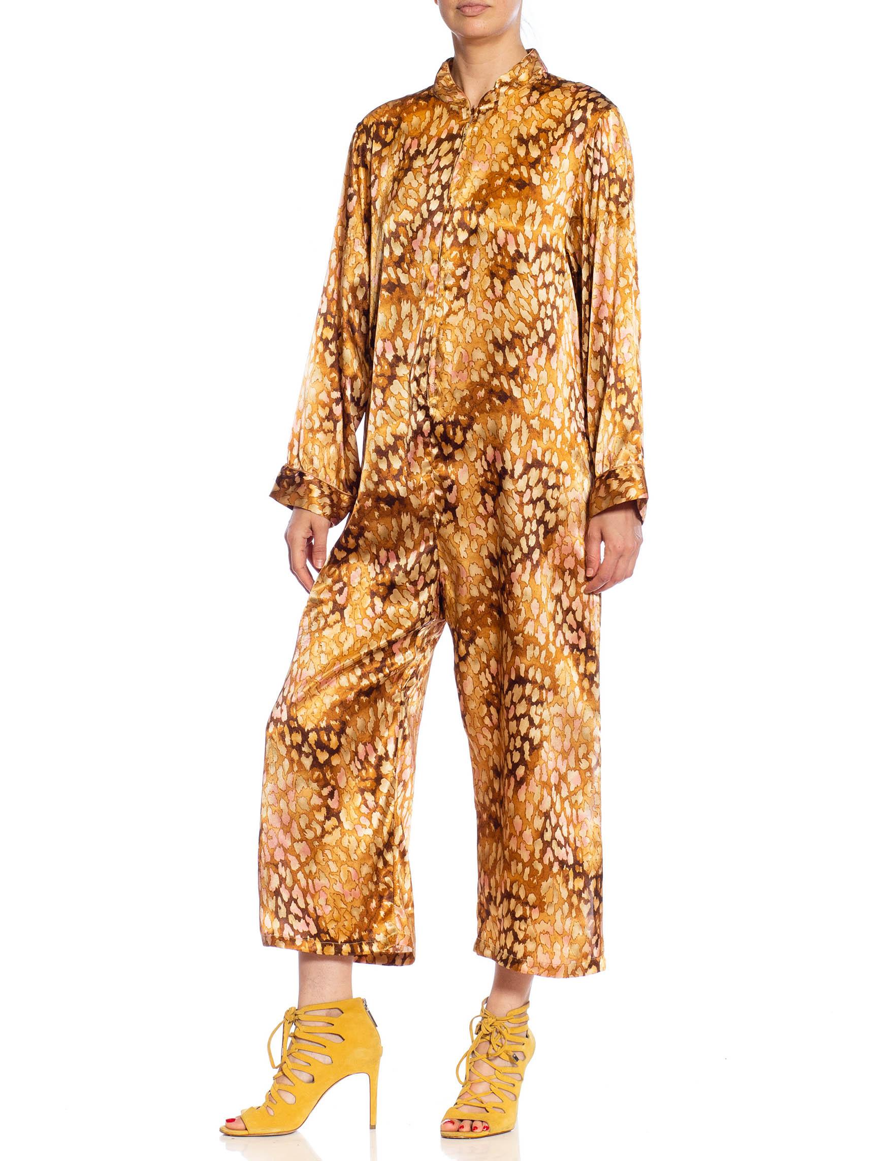 1980S Animal Print Caramel Brown & Pink Polyester Satin Jumpsuit For Sale 6