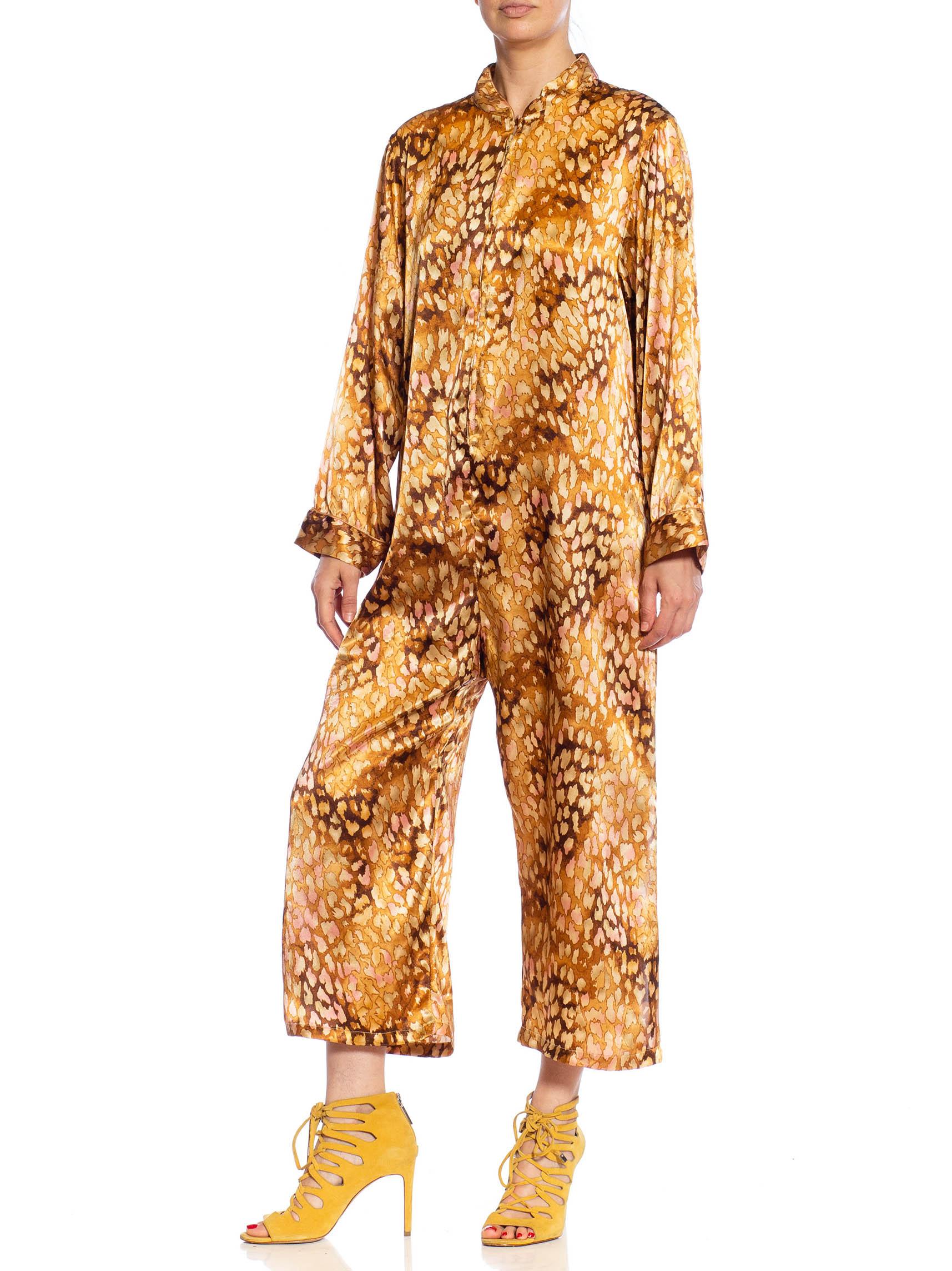 1980S Animal Print Caramel Brown & Pink Polyester Satin Jumpsuit For Sale 7