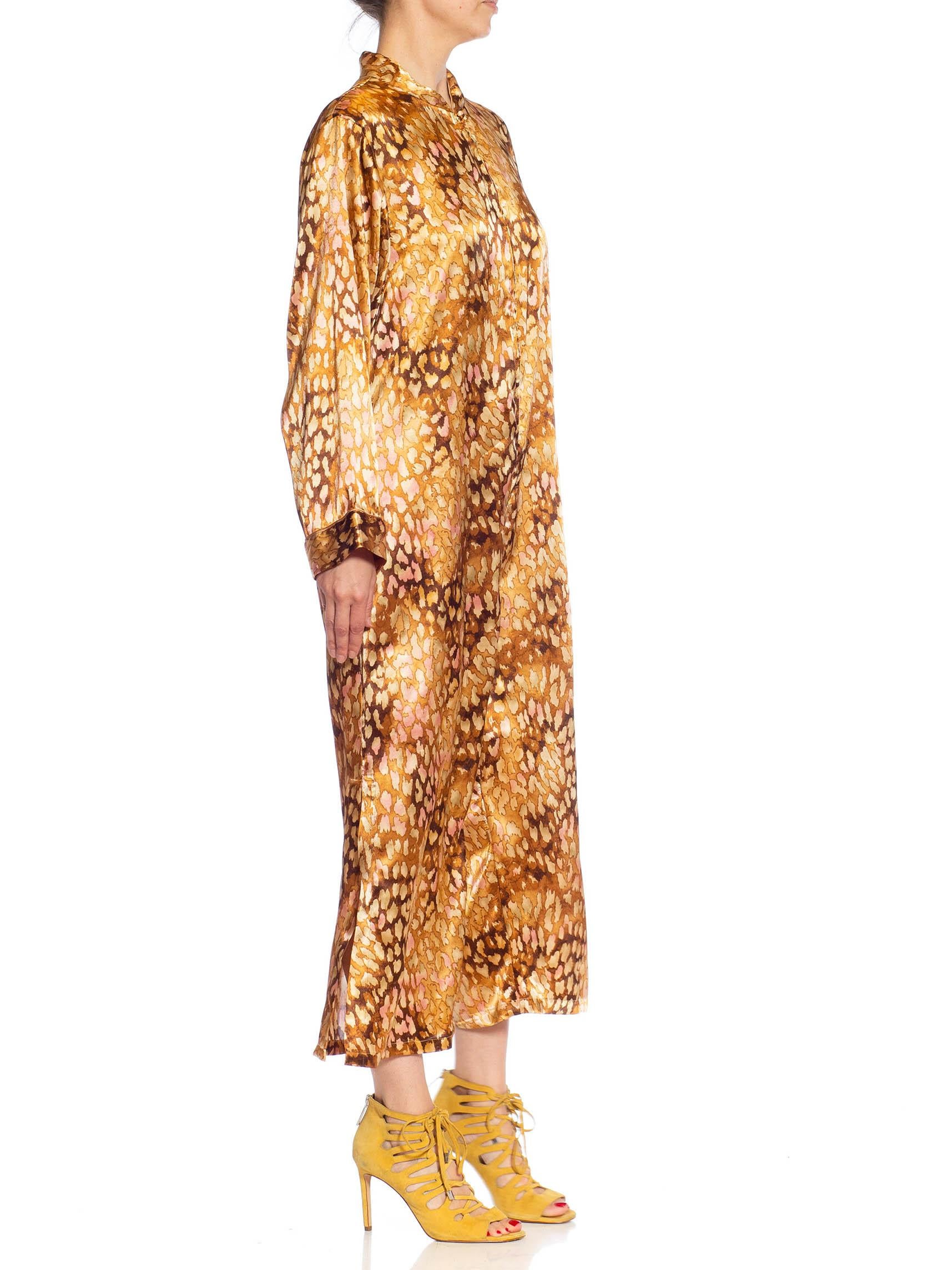 1980S Animal Print Caramel Brown & Pink Polyester Satin Jumpsuit In Excellent Condition For Sale In New York, NY