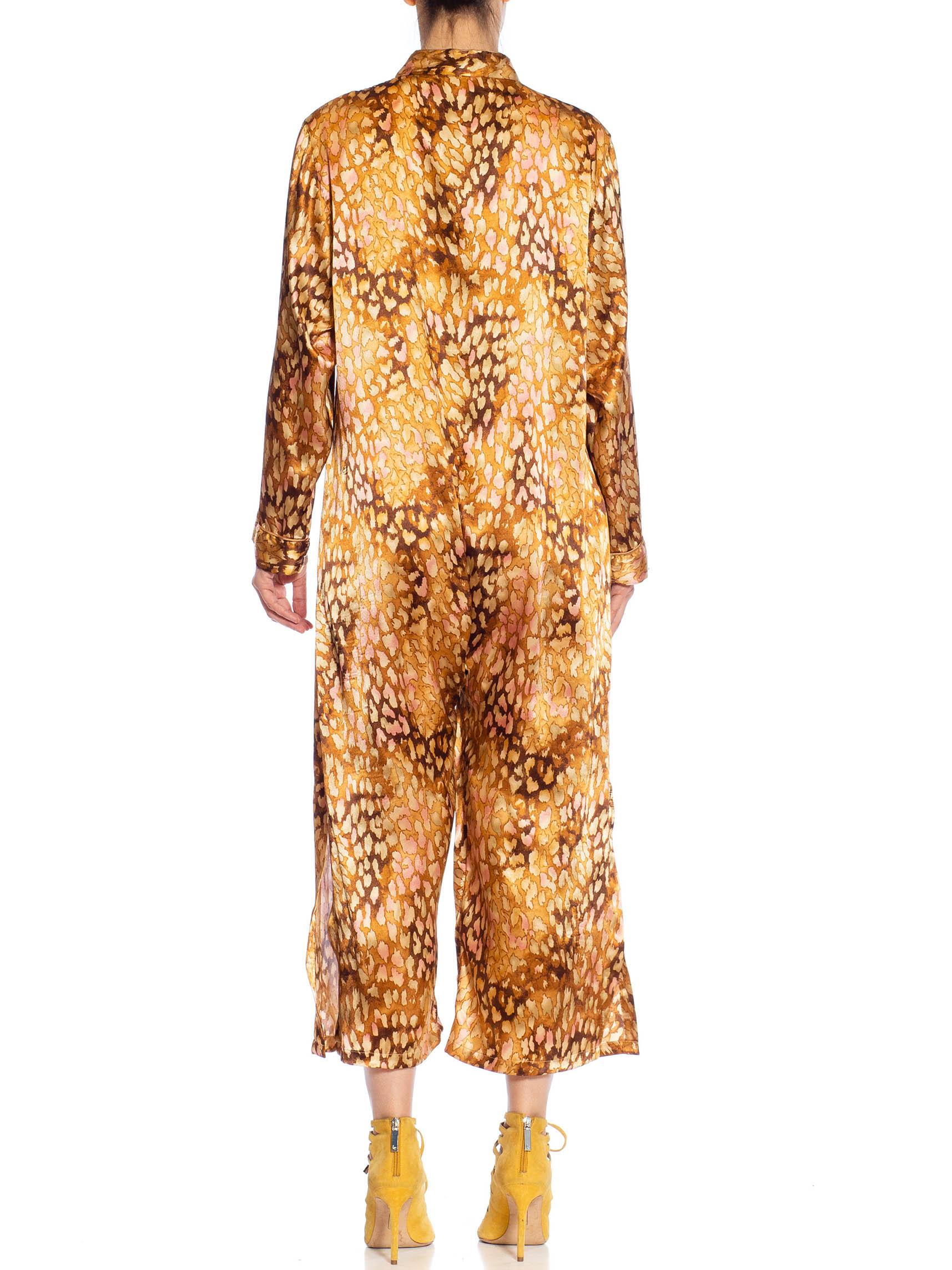 Women's 1980S Animal Print Caramel Brown & Pink Polyester Satin Jumpsuit For Sale