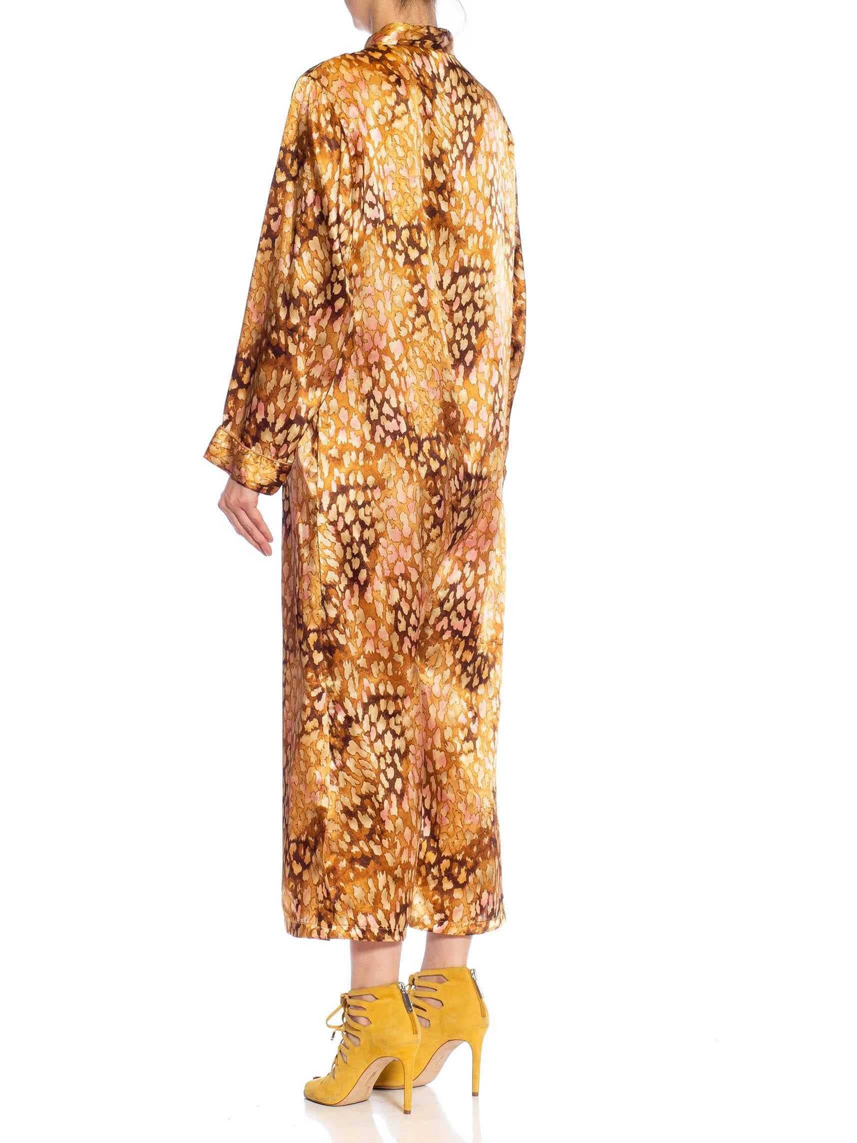 1980S Animal Print Caramel Brown & Pink Polyester Satin Jumpsuit For Sale 2
