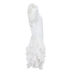 1980s Ann Balon White Puff Sleeve Wedding Dress with Ruffle Hem
