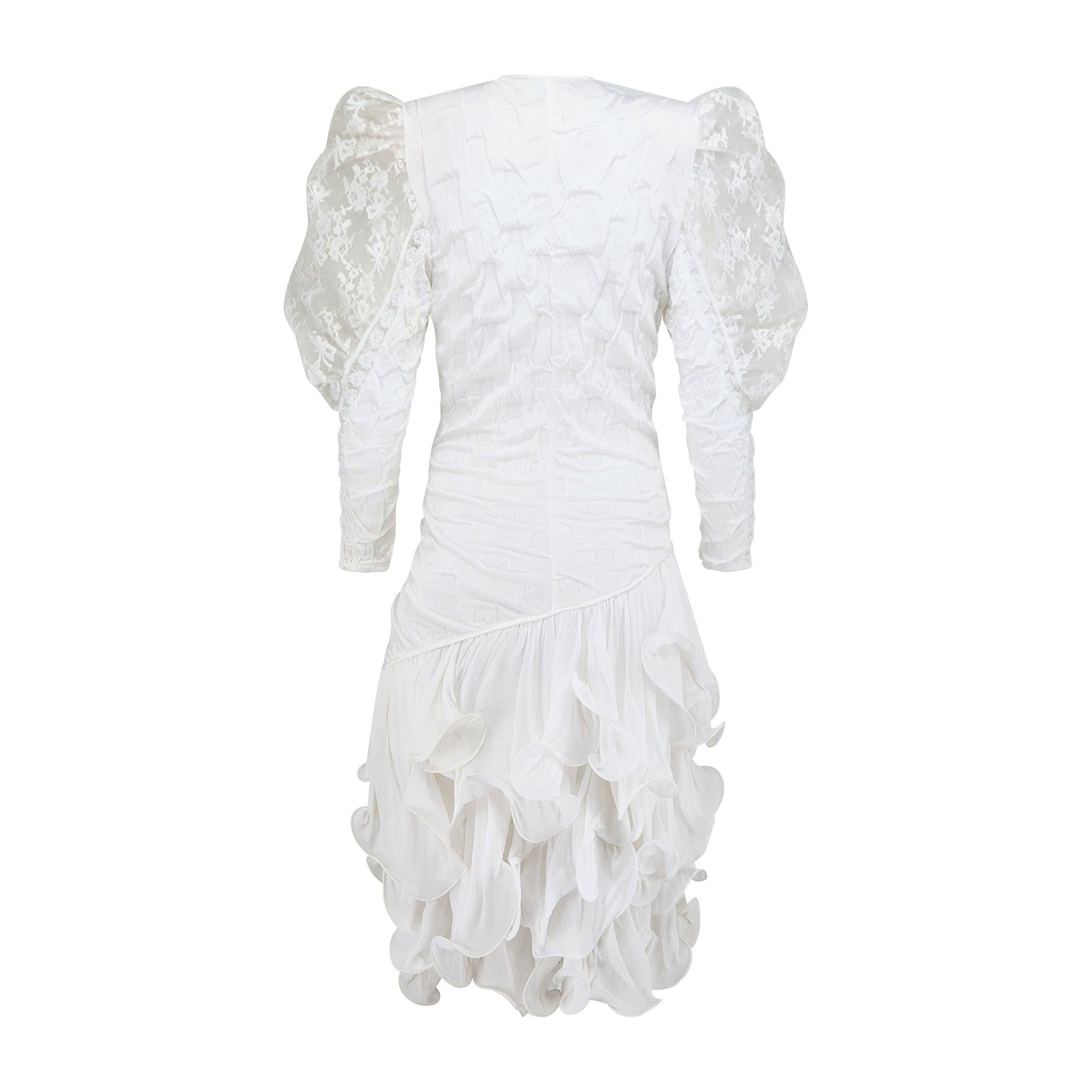 Gray 1980s Ann Balon White Puff Sleeve Wedding Dress with Ruffle Hem For Sale