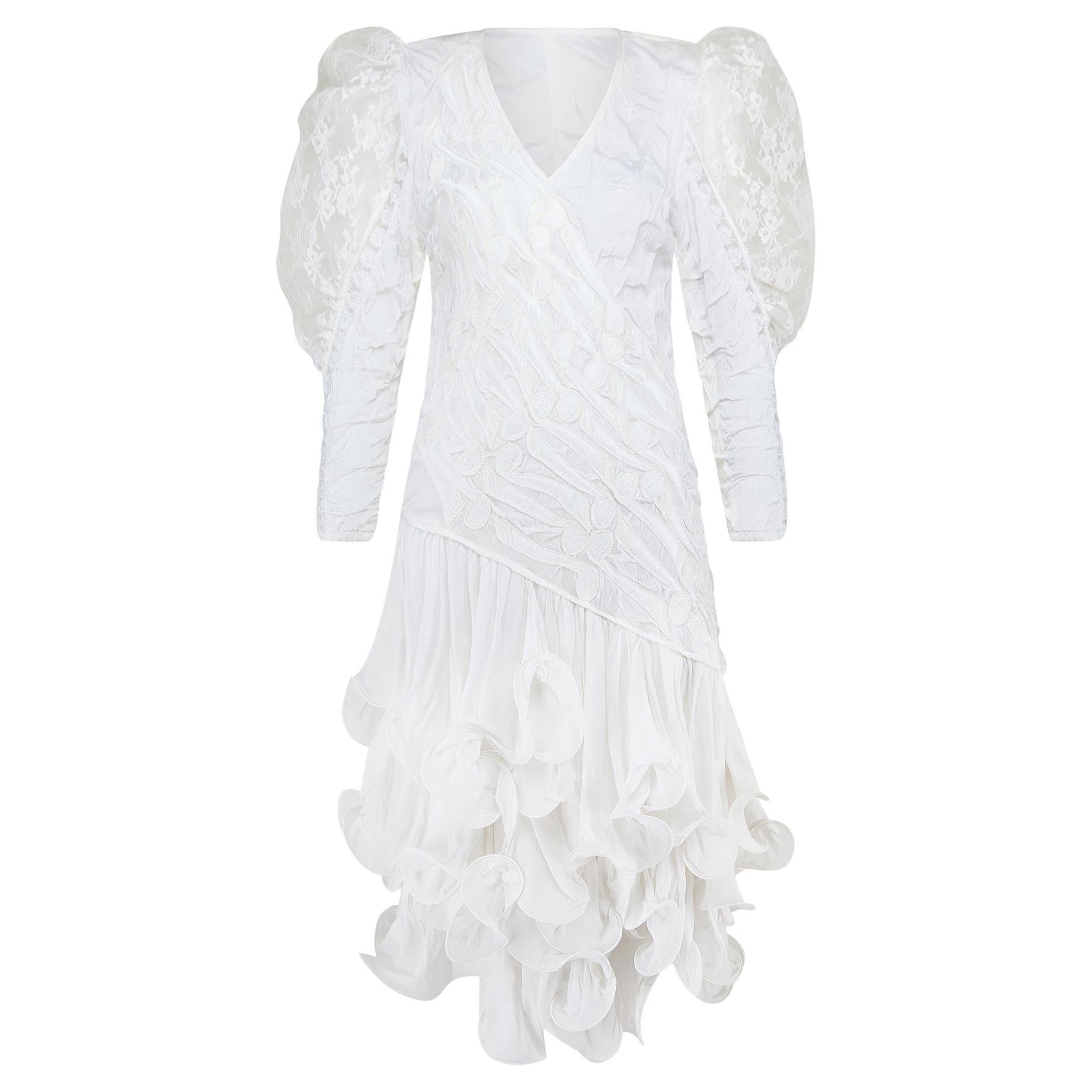 1980s Ann Balon White Puff Sleeve Wedding Dress with Ruffle Hem For Sale